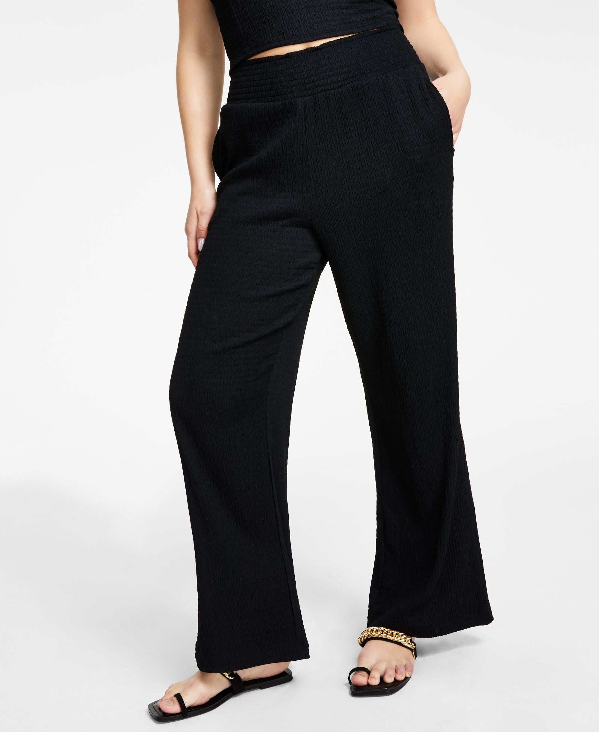 Bar III Petite Textured Smocked Comfort-Waist Signature Pants