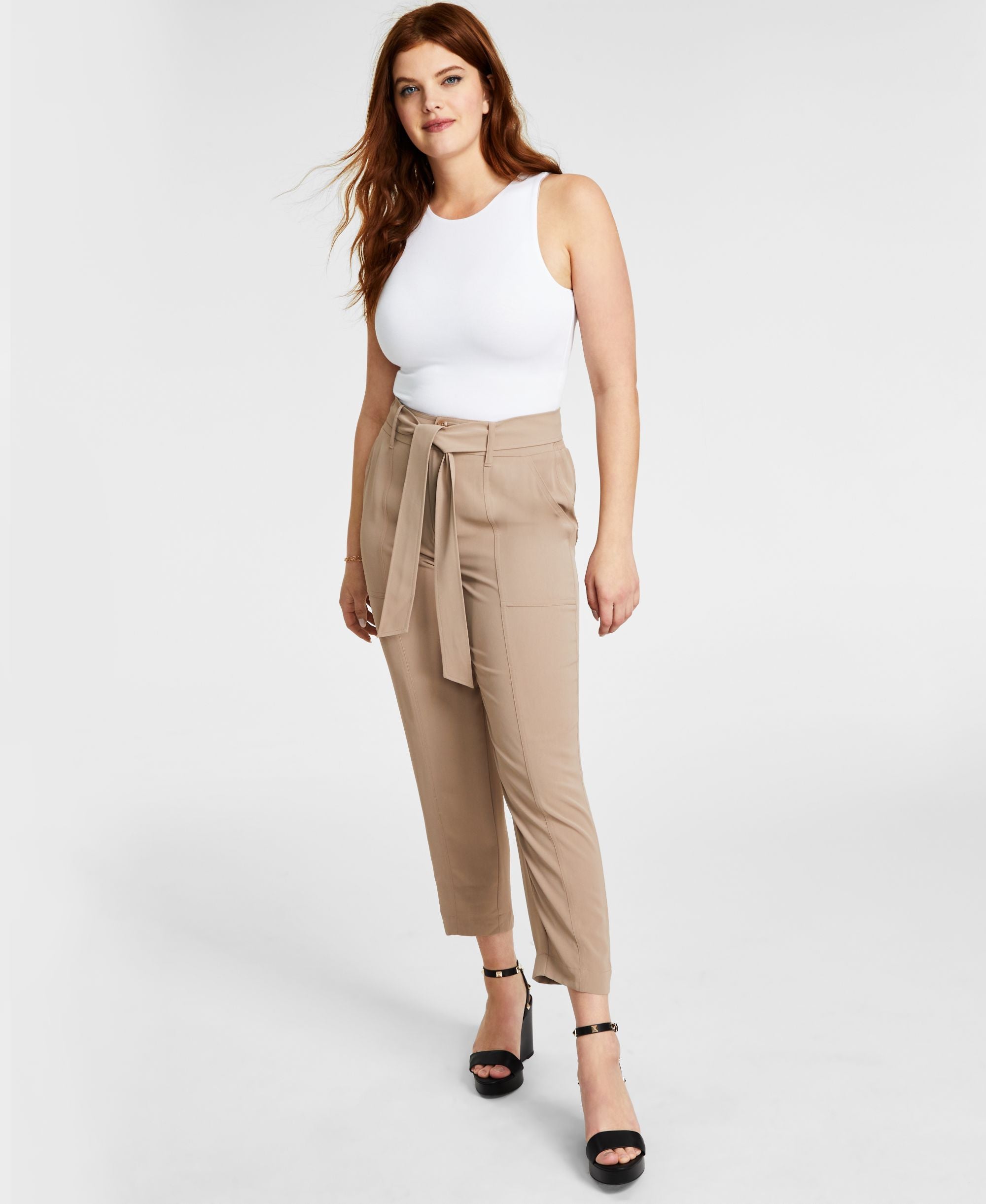Petite Tie-Waist High-Rise Tapered-Leg Signature Pants