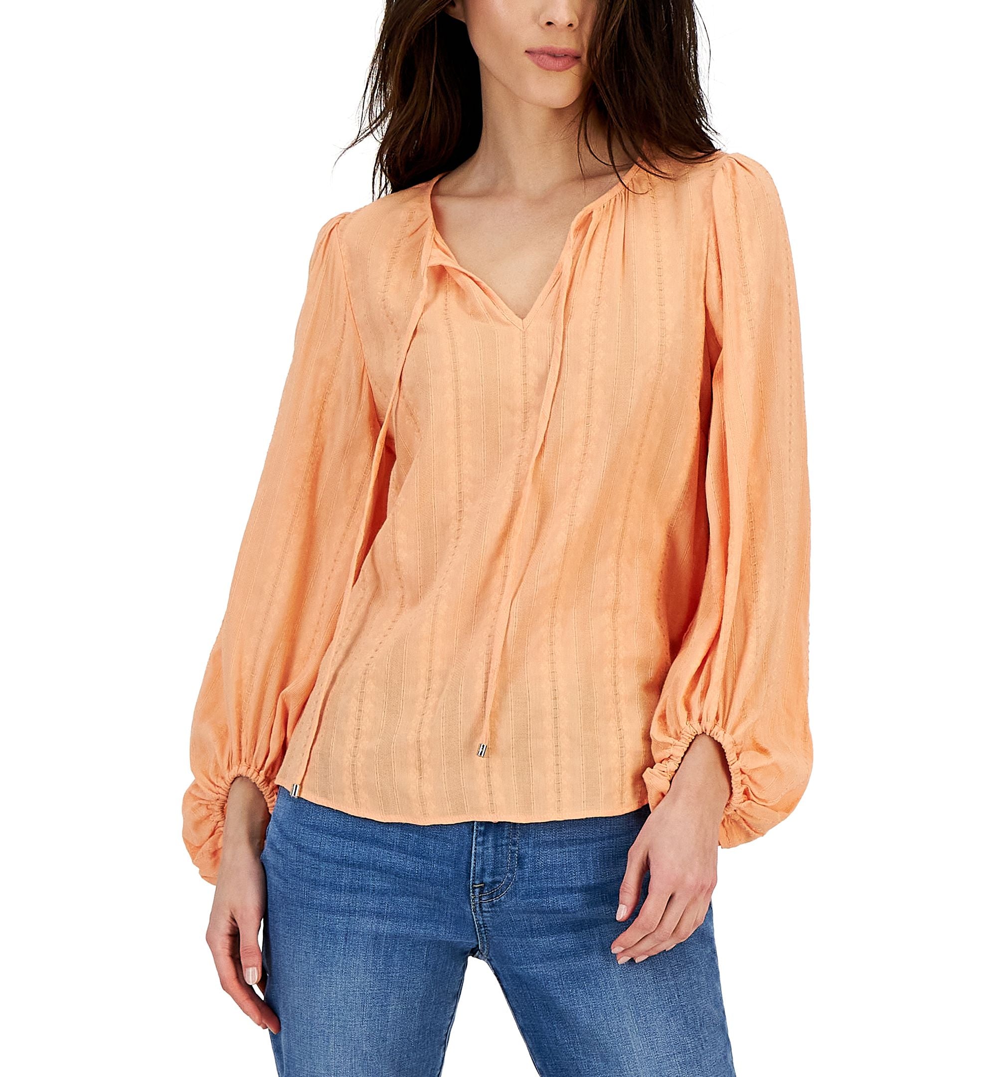 Women's Textured Tie Puff-Sleeve Peasant Premium Top
