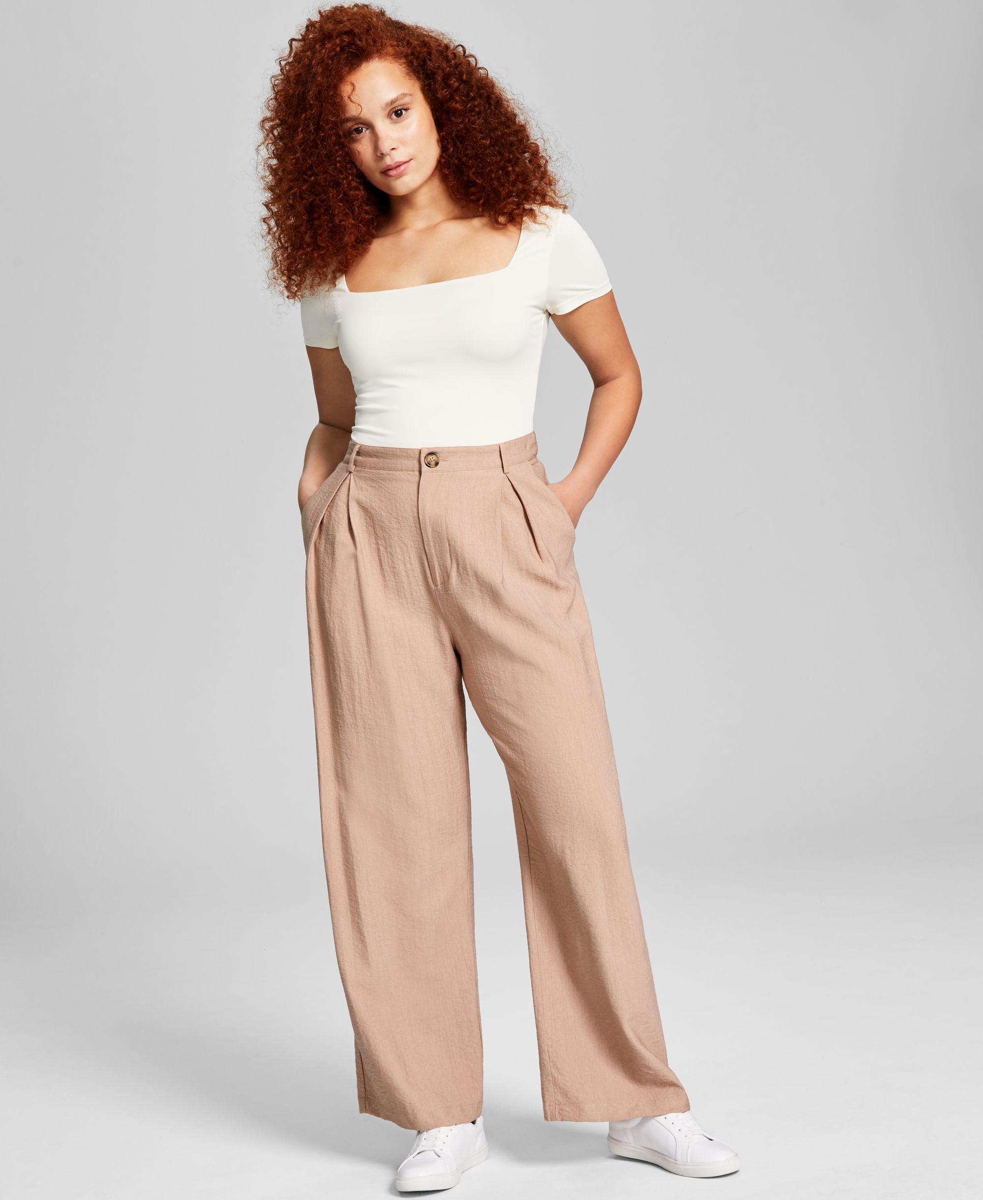 Now This Womens High Rise Wide-Leg Textured Trouser Signature Pants