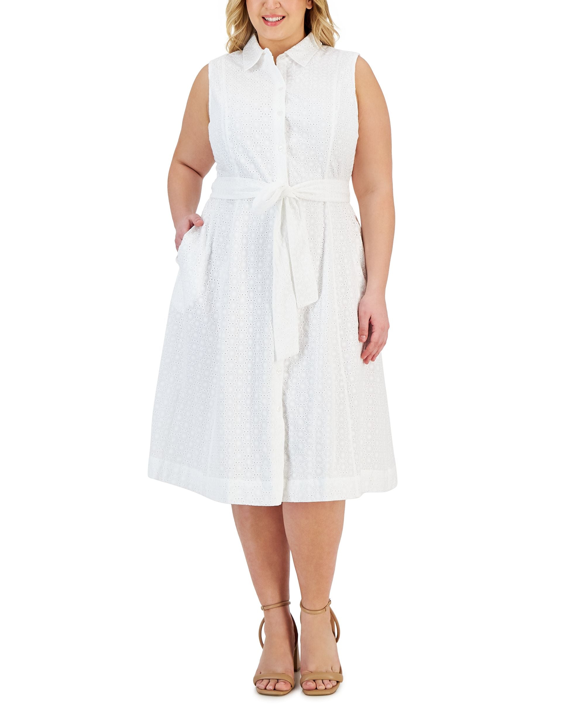 Plus Size Tie-Waist Eyelet Midi Shirtdress
