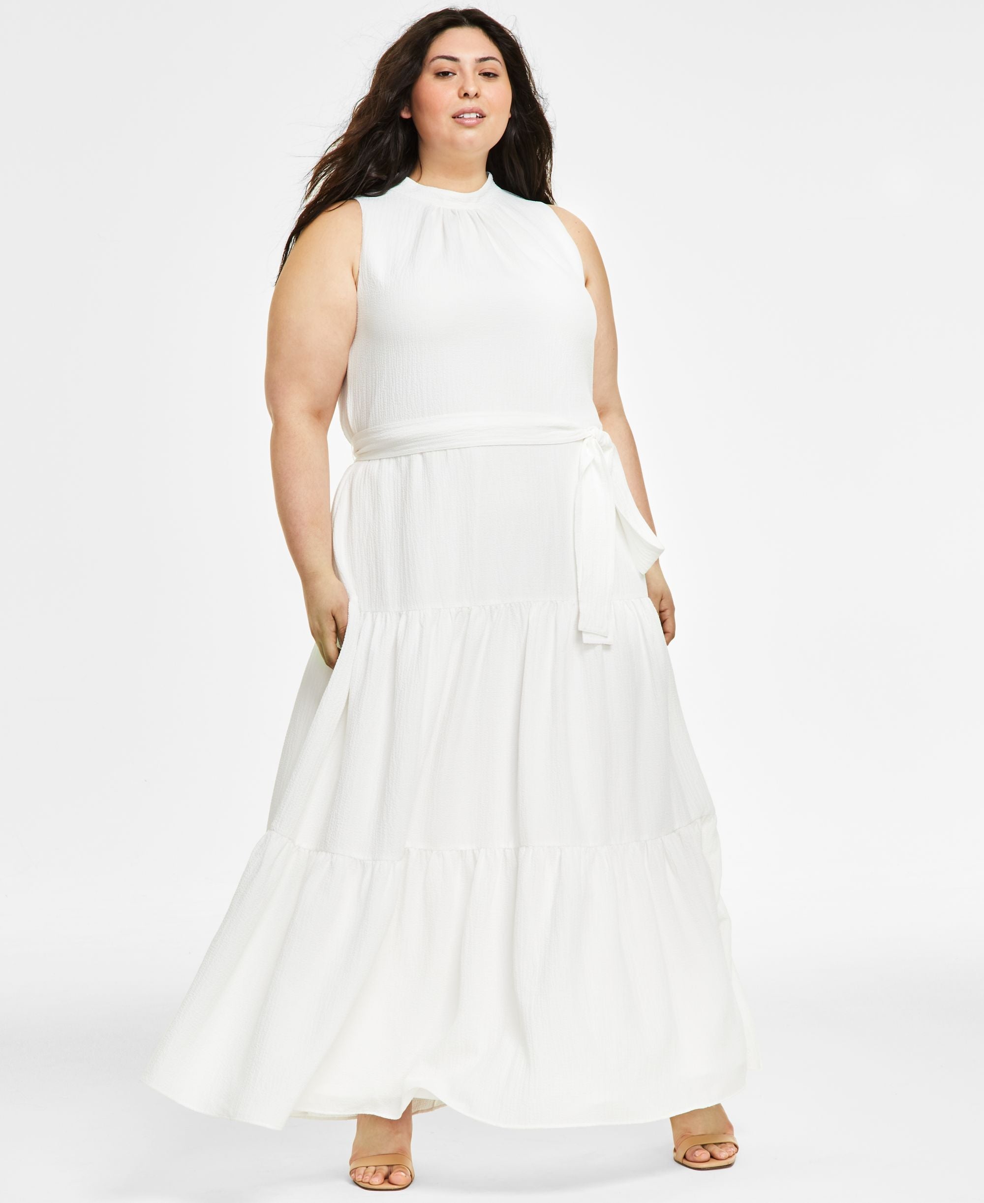 Plus Size Belted Textured Tiered Flounce-Modern Skirt Dress