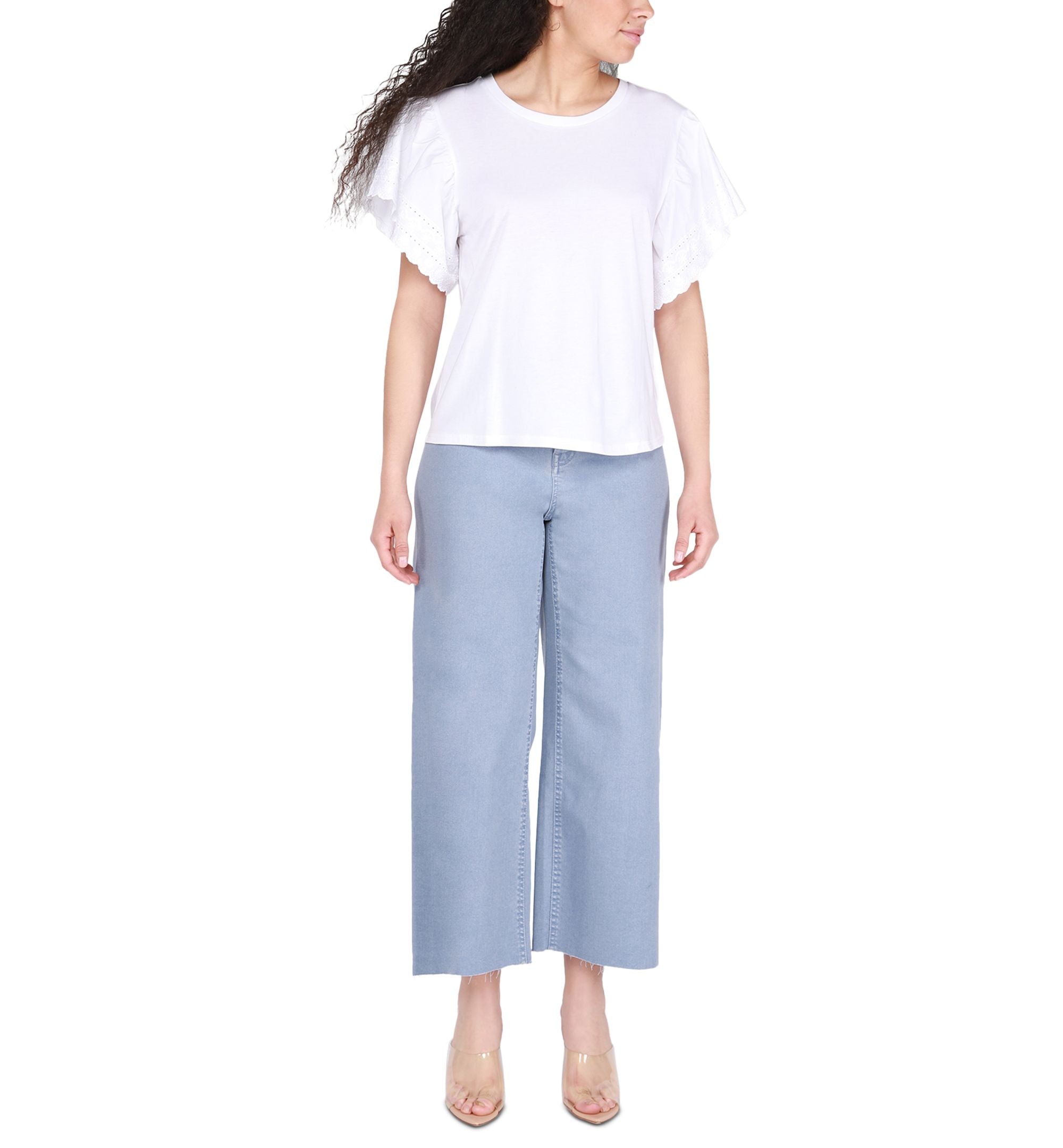 Women's Solid Embroidered Flutter-Sleeve Premium Top