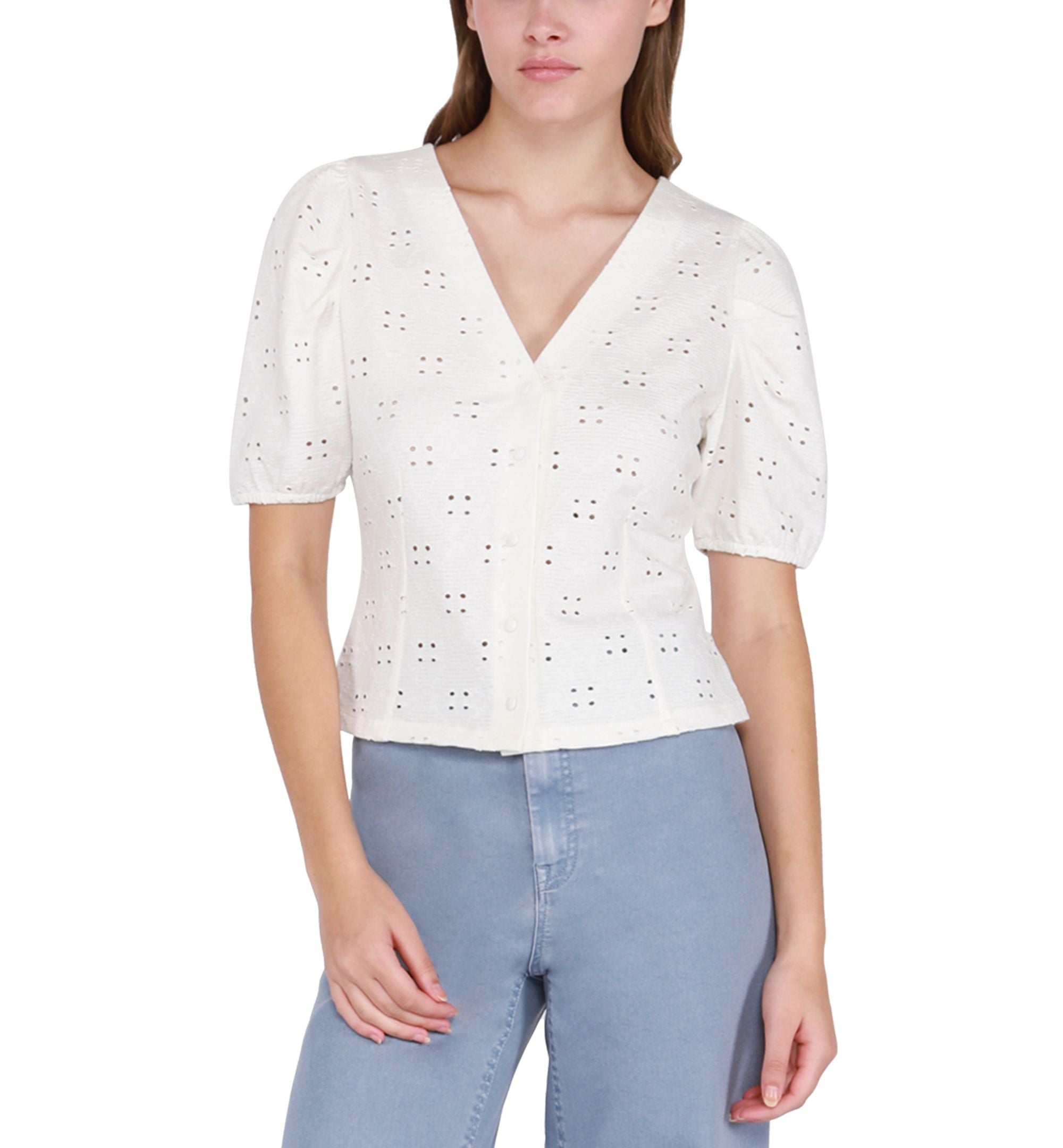 Women's Puff-Sleeve V-Neck Button-Down Eyelet Premium Top