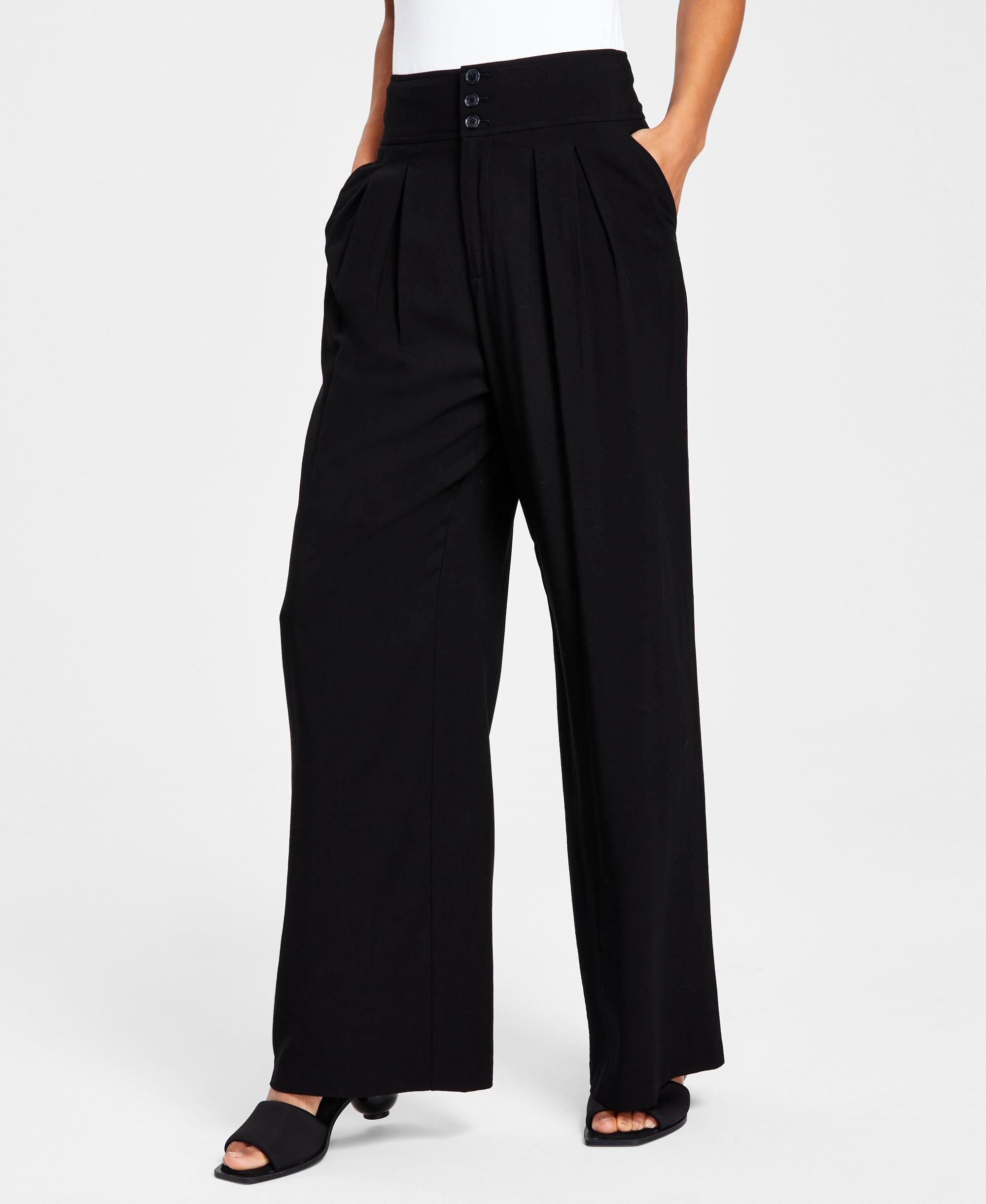Petite High-Rise Pleated Wide-Leg Signature Pants