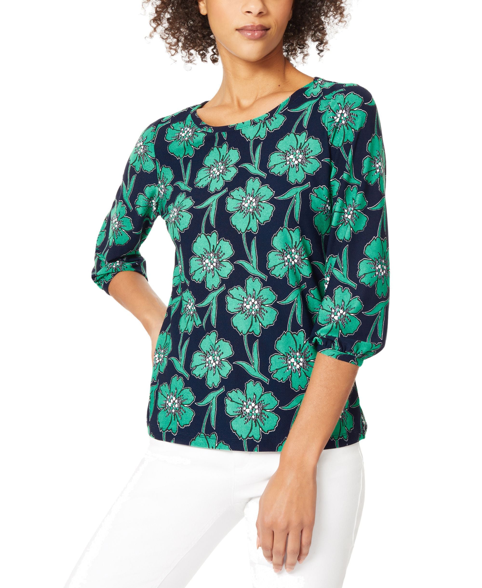 Women's Floral-Print 3/4-Sleeve Premium Top