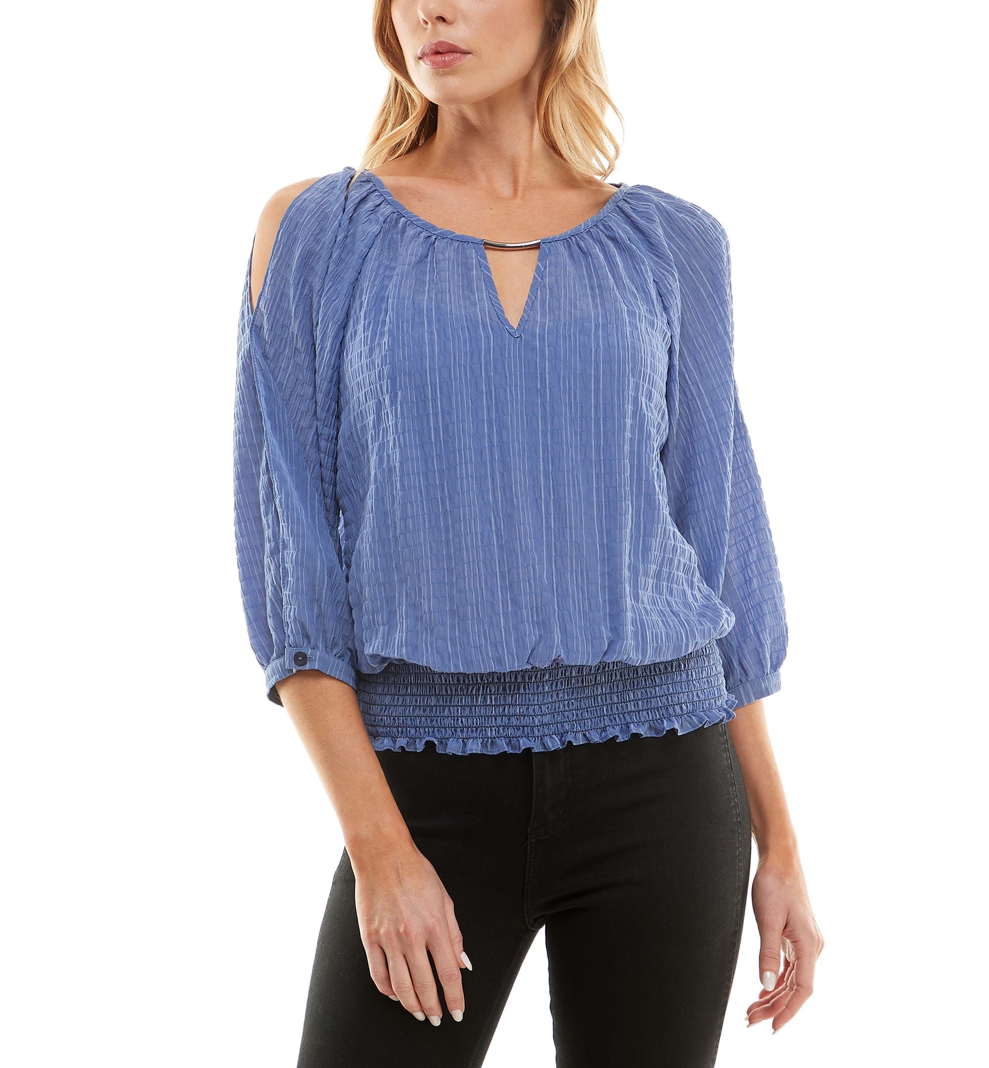 Juniors' Textured Cold-Shoulder Smocked-Hem Premium Top