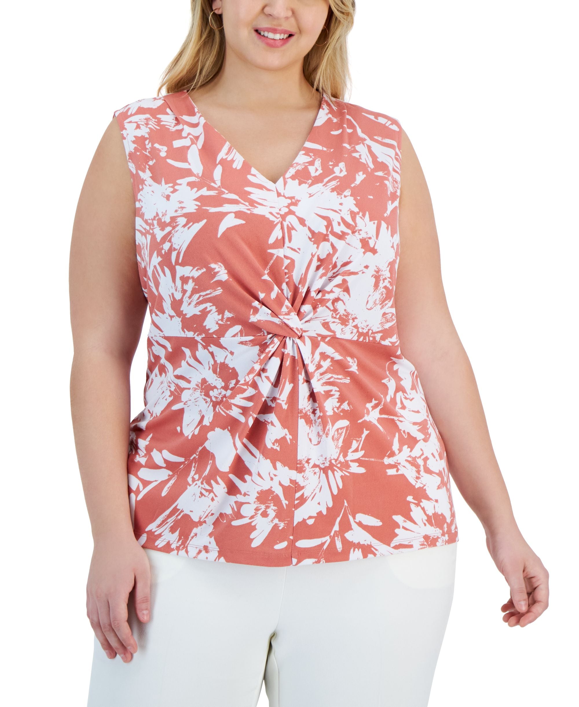 Alfani Plus Size Printed Twist Front Sleeveless Premium Top