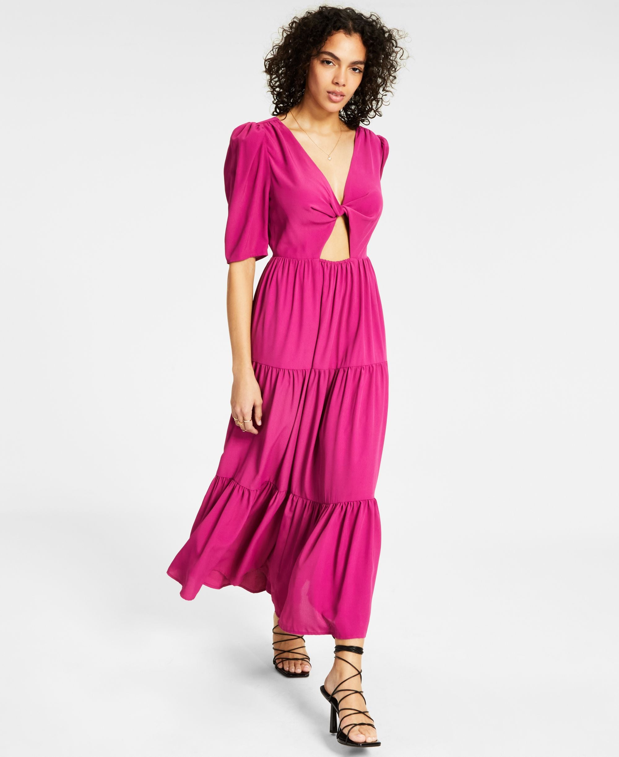 Women's Printed Twist-Front Cut-Out Tiered Flounce Keyhole Midi Dress