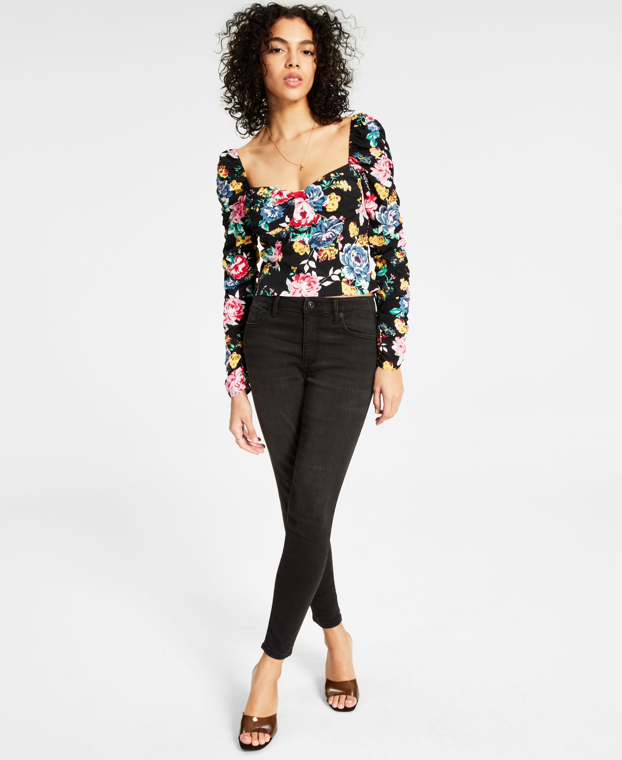 Women's Solid Ruched-Sleeve Cropped Bustier Premium Top