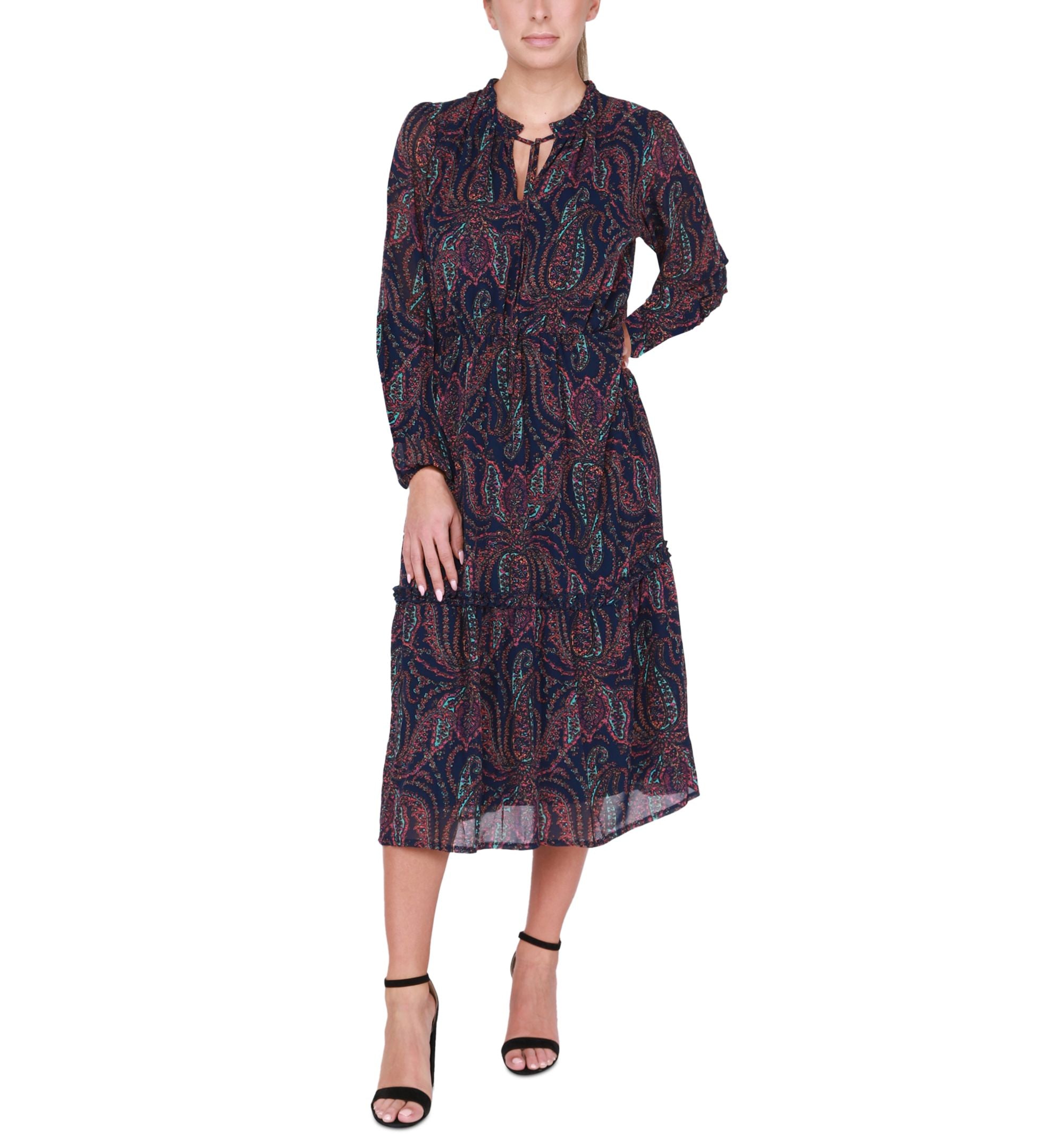 Women's Long-Sleeve Tiered Flounce Midi Dress