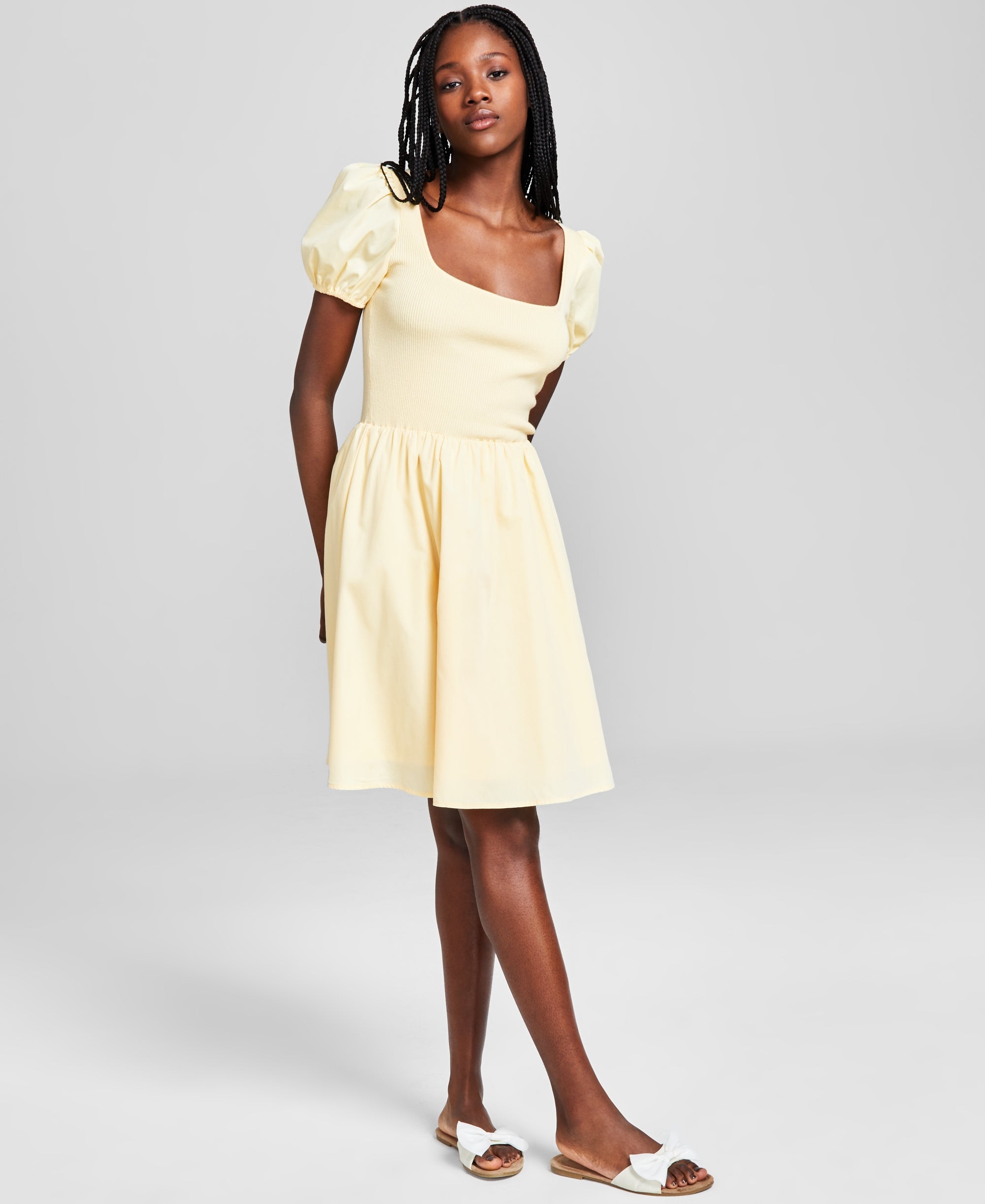 Women's Puff-Sleeve Mixed Media Dress Sunlit Yellow S
