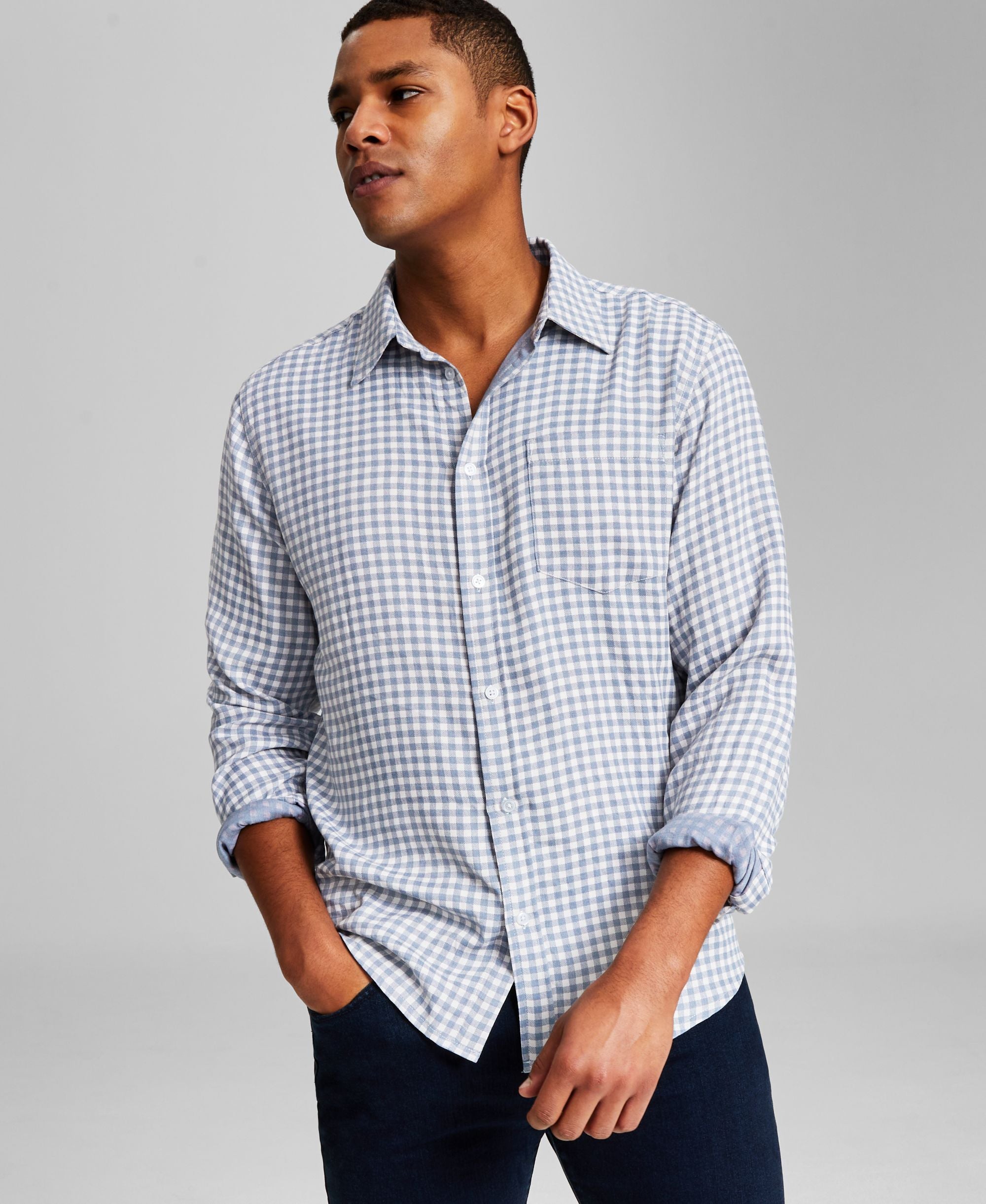 Men's Mini Check Long-Sleeve Button-Up Modern Shirt