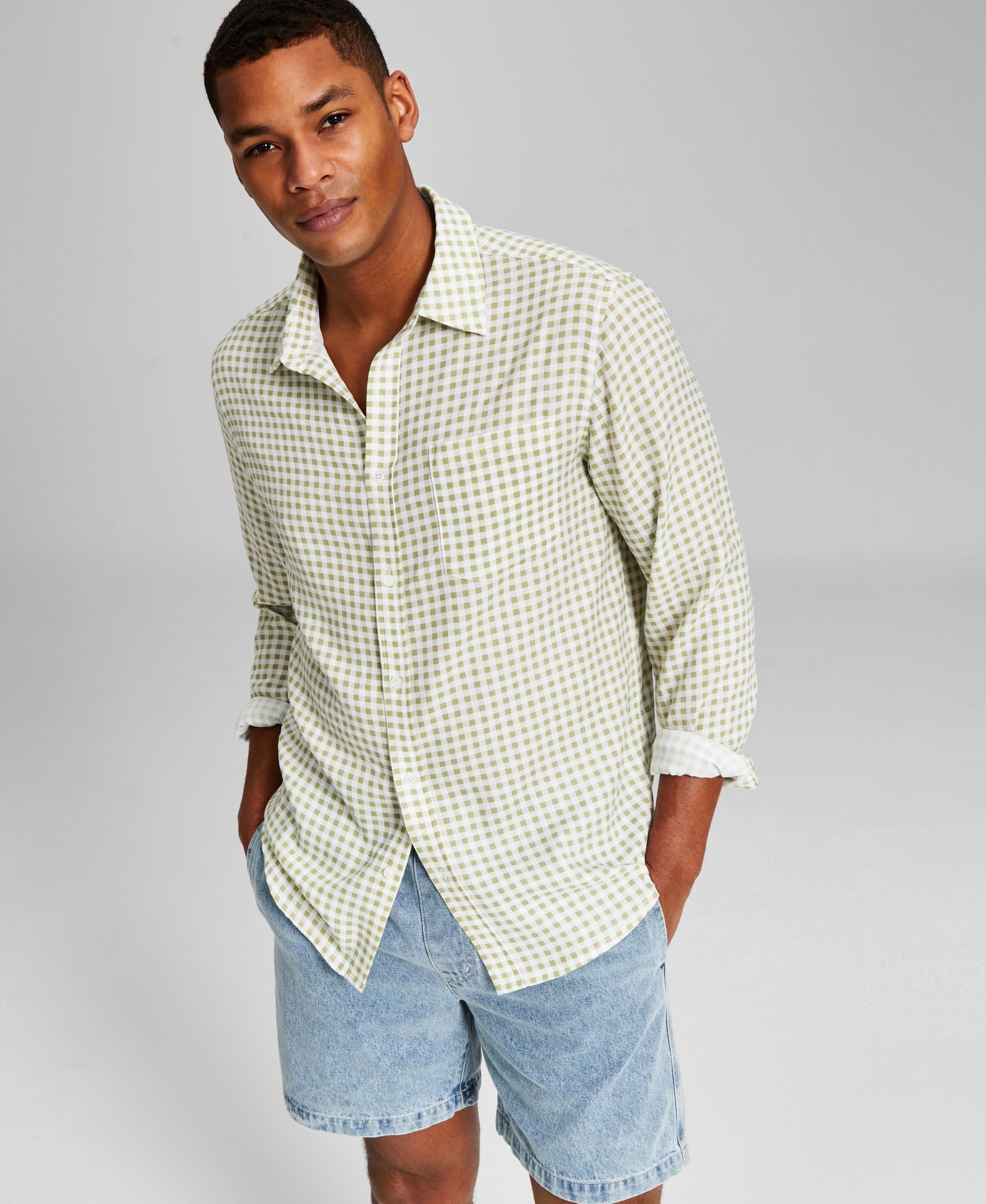 Men's Mini Check Long-Sleeve Button-Up Modern Shirt