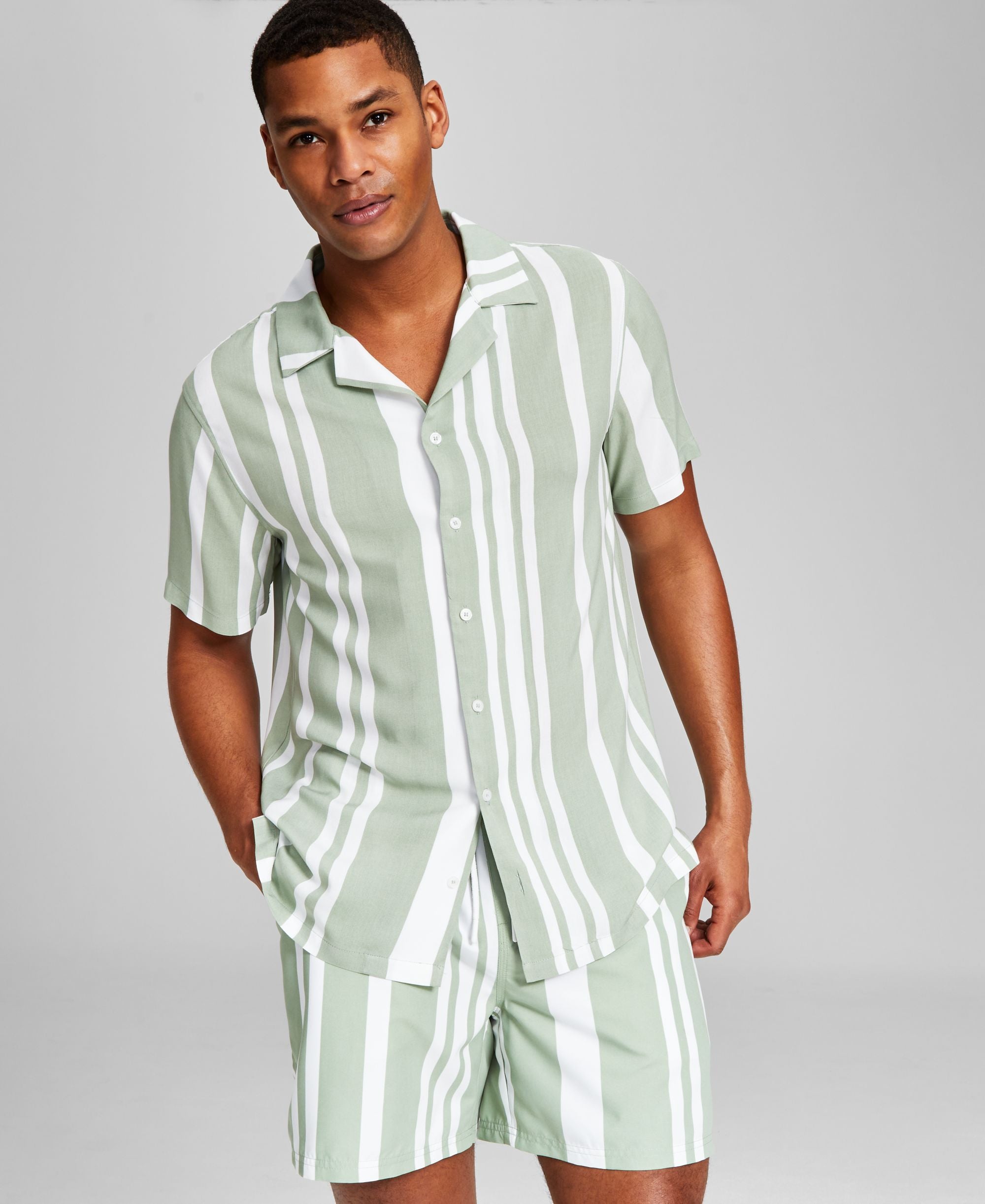 Men's Striped Woven Short-Sleeve Camp Modern Shirt