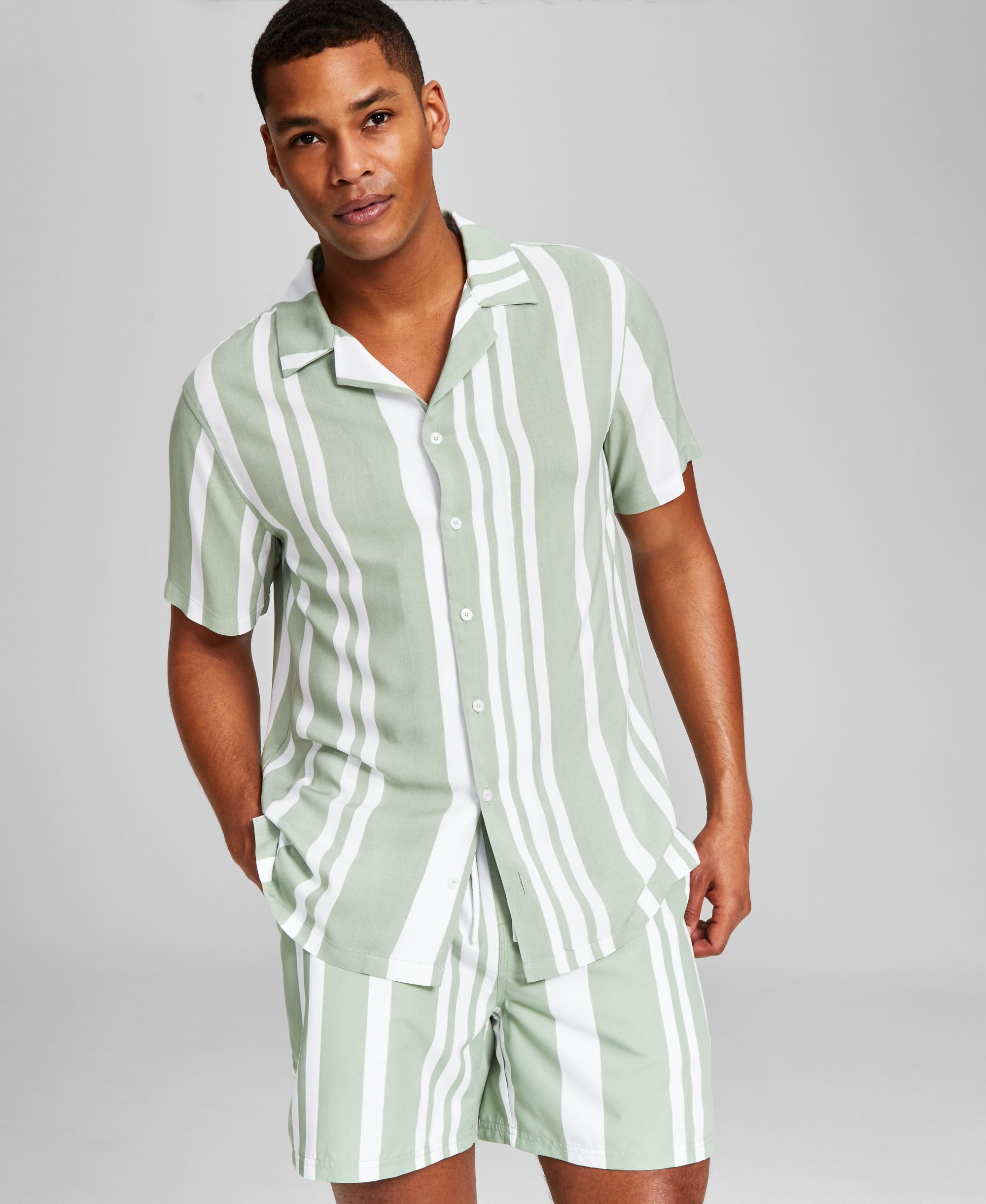 Men's Striped Woven Short-Sleeve Camp Modern Shirt