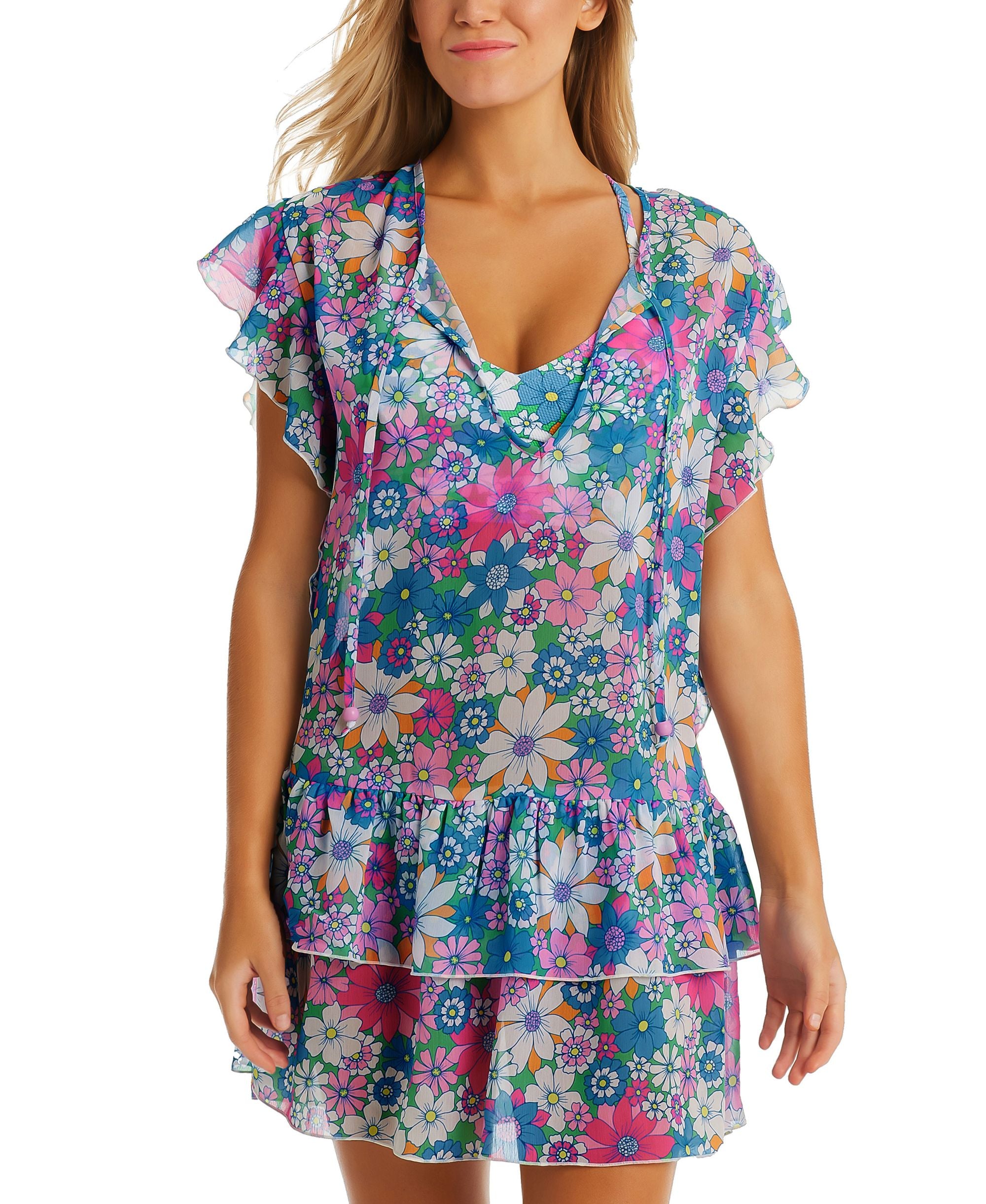 Women's Printed Crazy Daisy Tiered Flounce Flutter-Sleeve Tie-Neck Swim Cover-Up