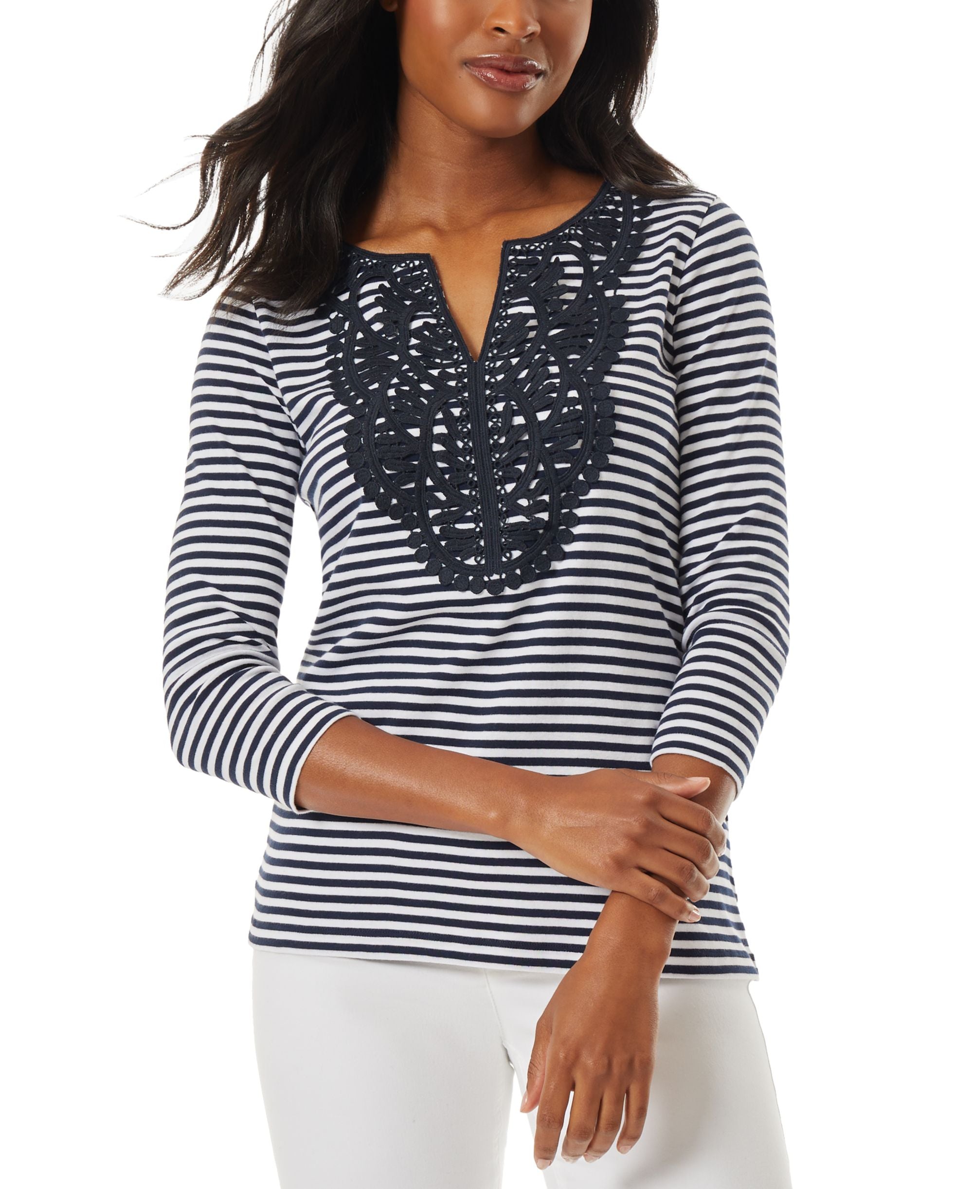 Women's Striped Lace-Trim 3/4-Sleeve Premium Top