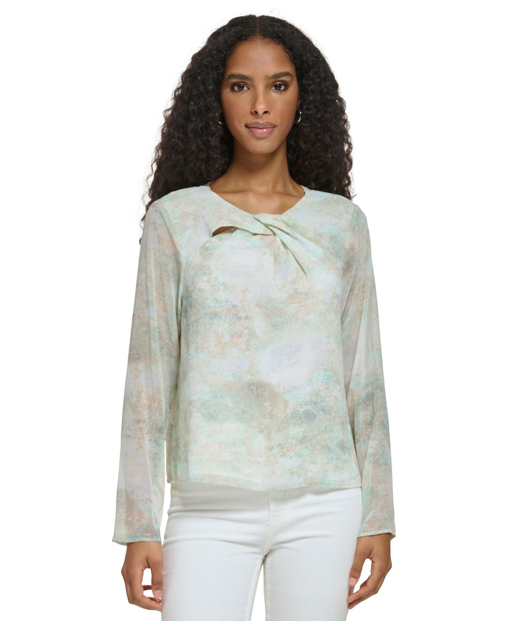 Women's Long-Sleeve Printed Twist Neck Chiffon Signature Blouse