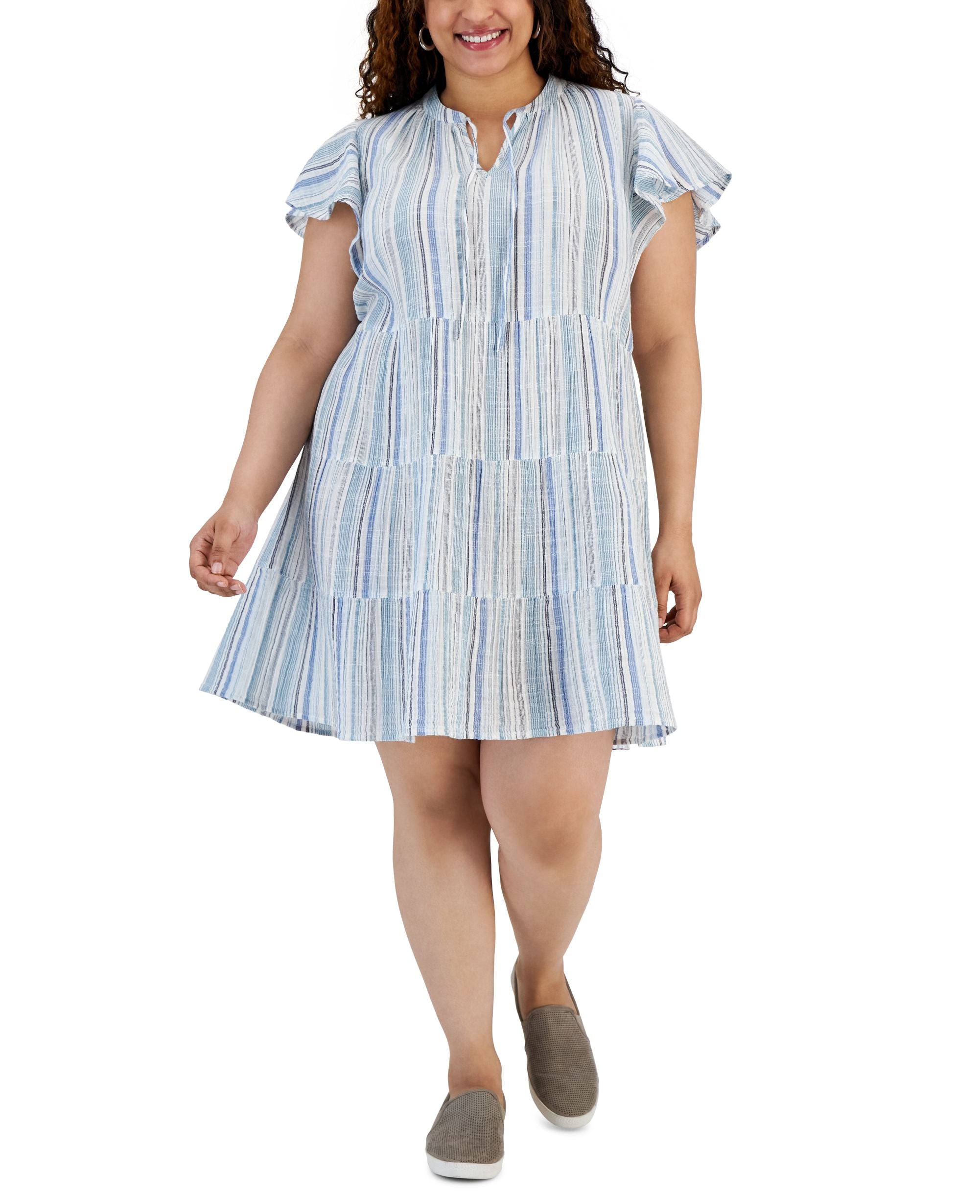 Plus Size Printed Cotton Tiered Flounce Modern Shirt Dress
