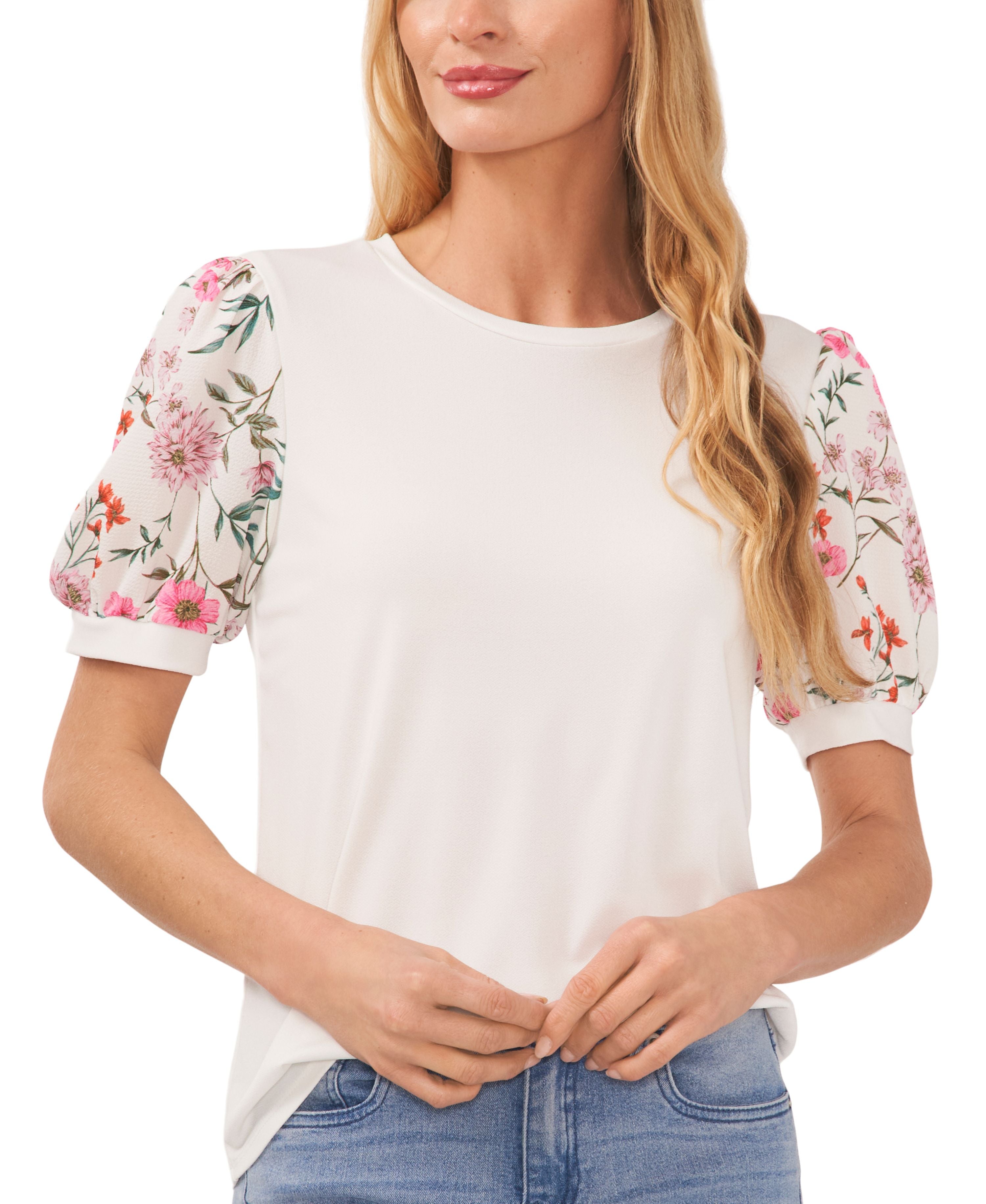 Women's Floral Mixed Media Short Puff-Sleeve Knit Premium Top