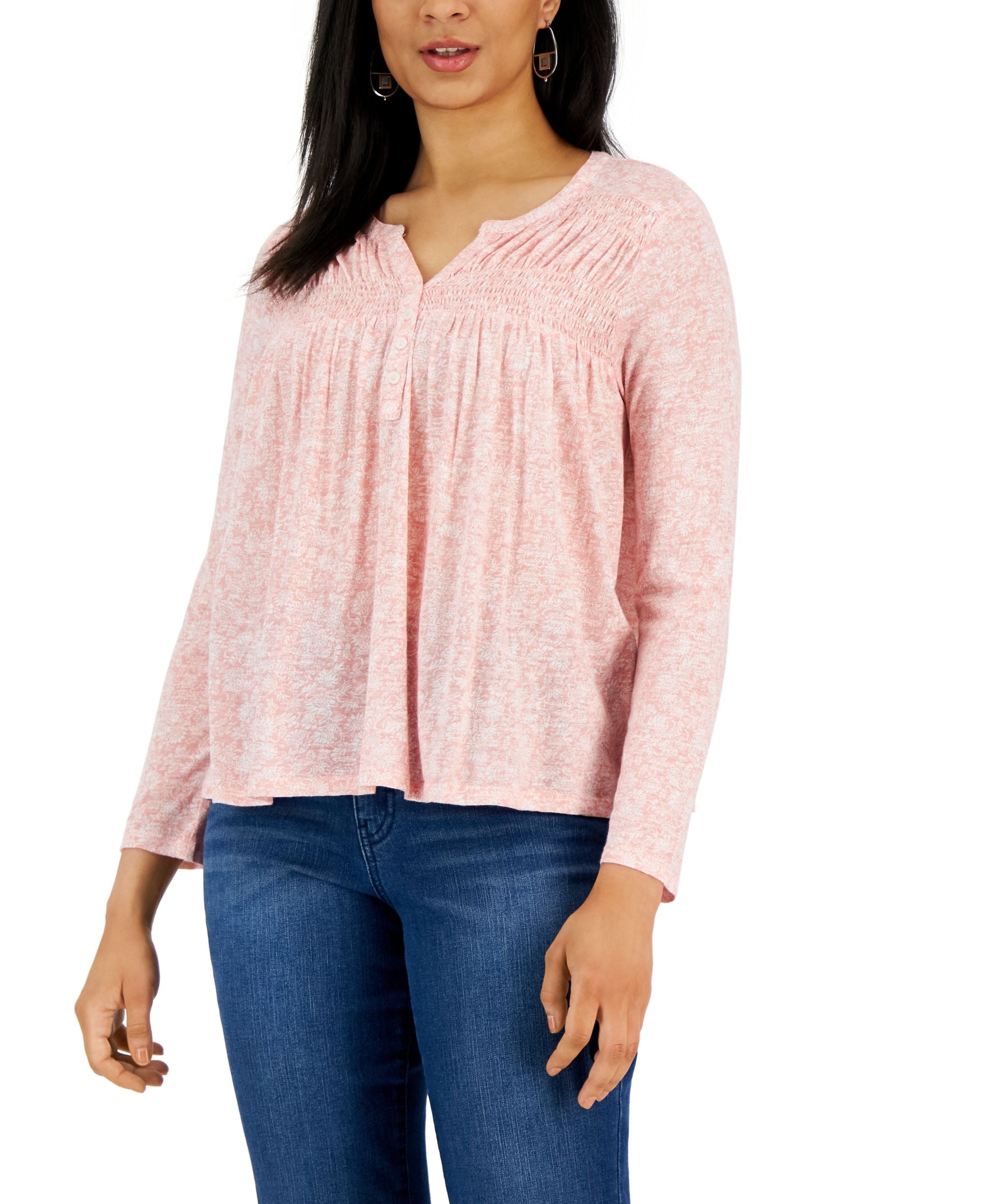 Style & Co Petite Knit Smocked Long-Sleeve Premium Top