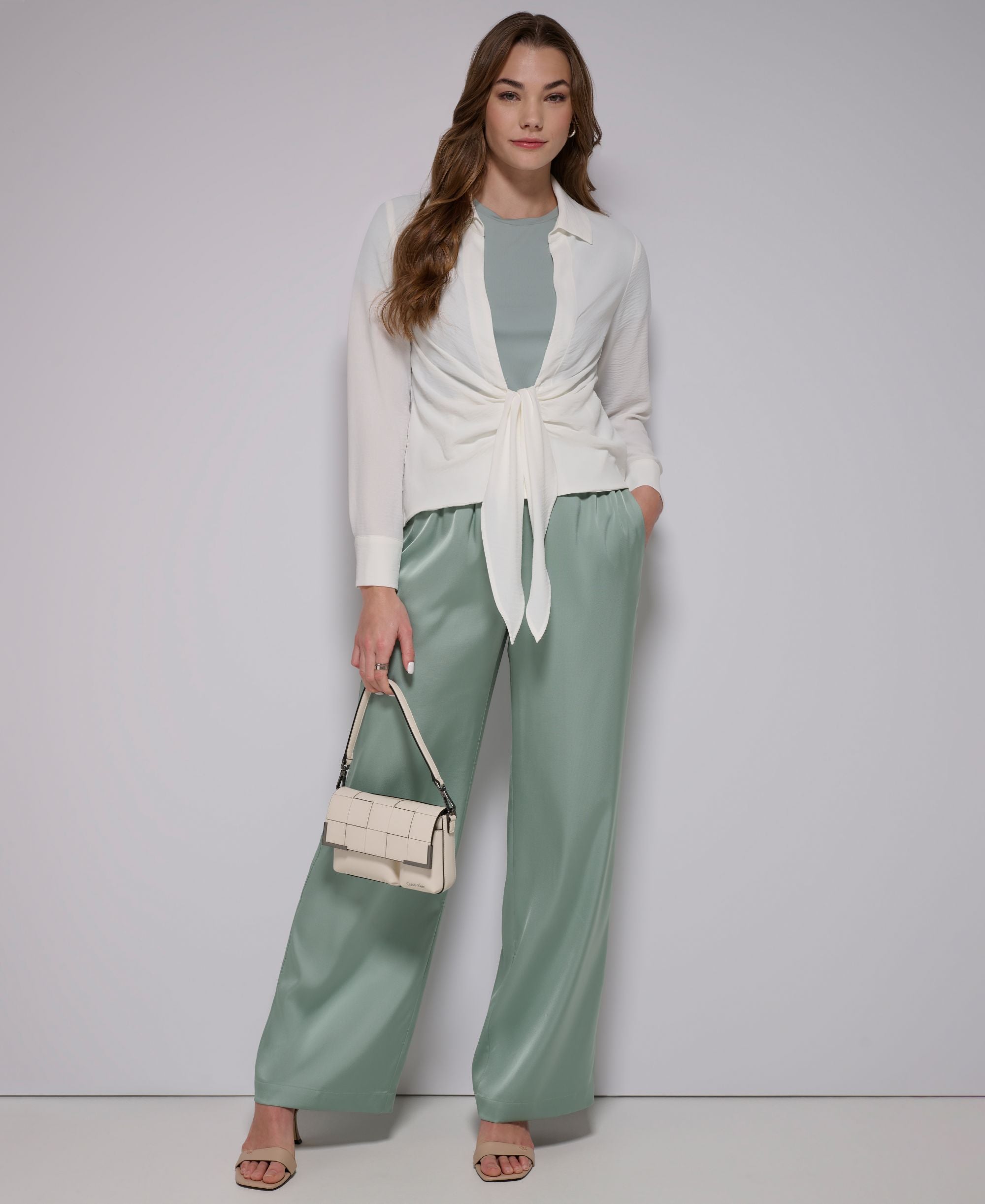 Women's Long-Sleeve Tie Front Collared Modern Shirt