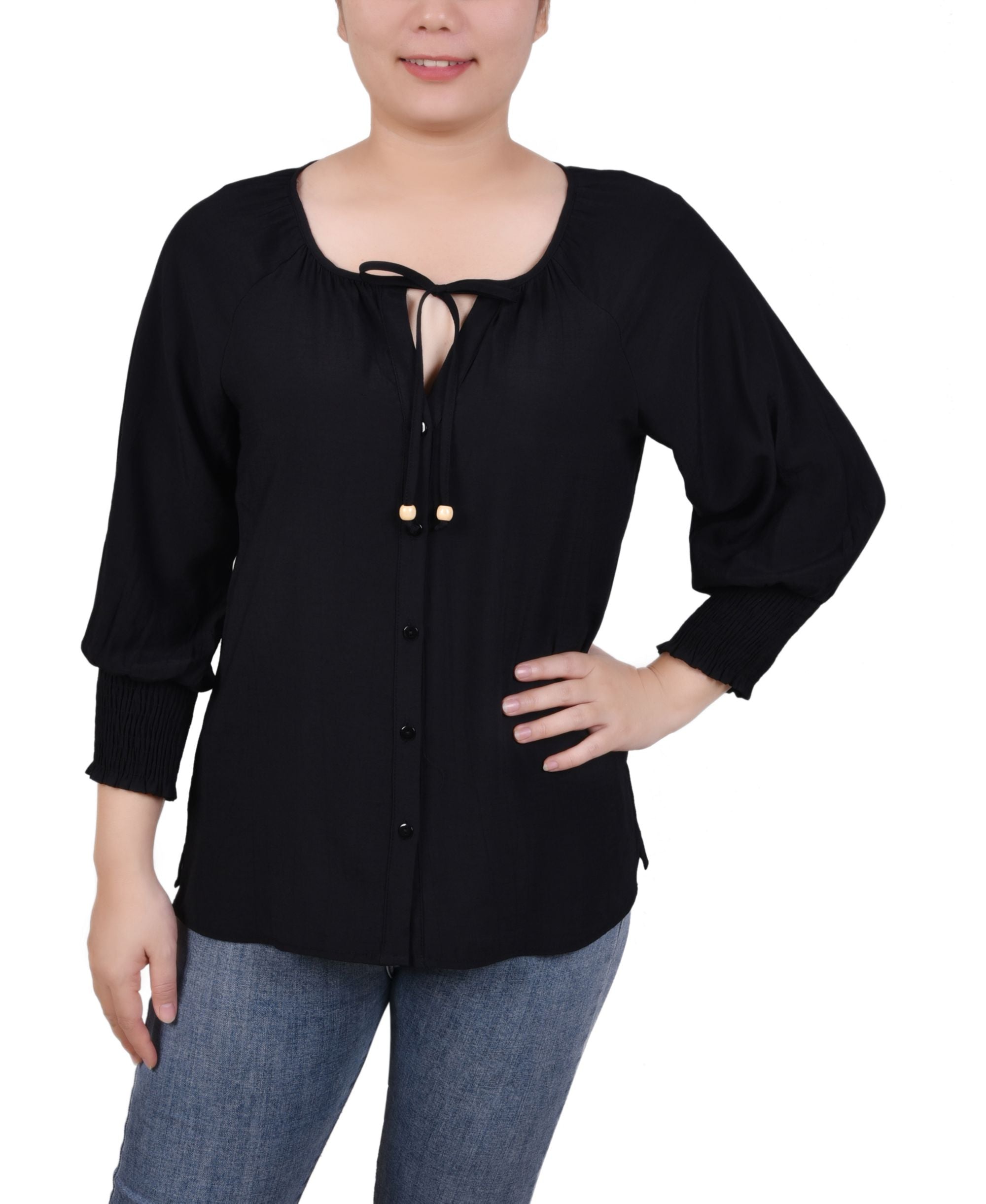 Petite Button-Front 3/4 Sleeve Signature Blouse