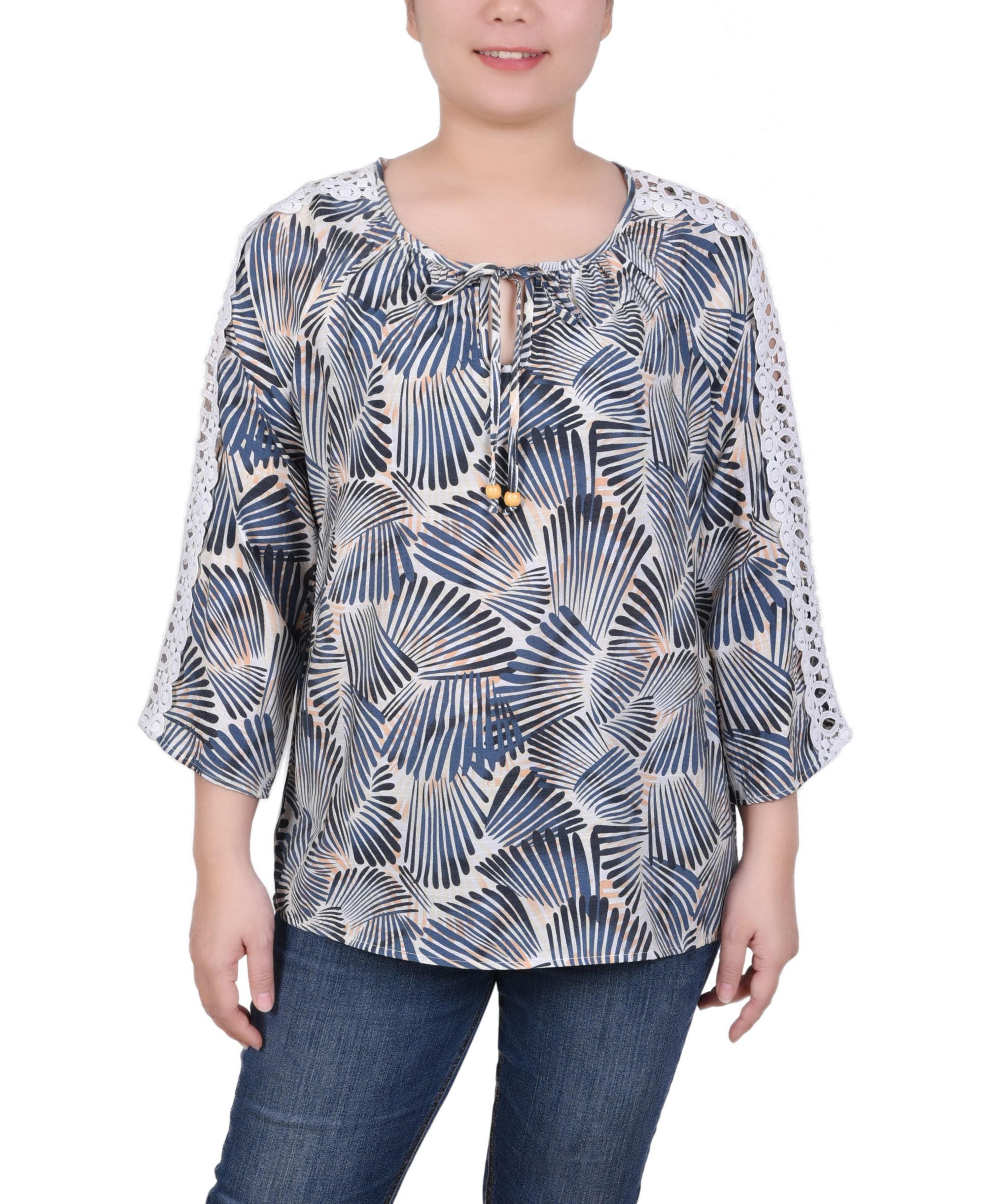 Petite Crochet Detail 3/4 Sleeve Signature Blouse