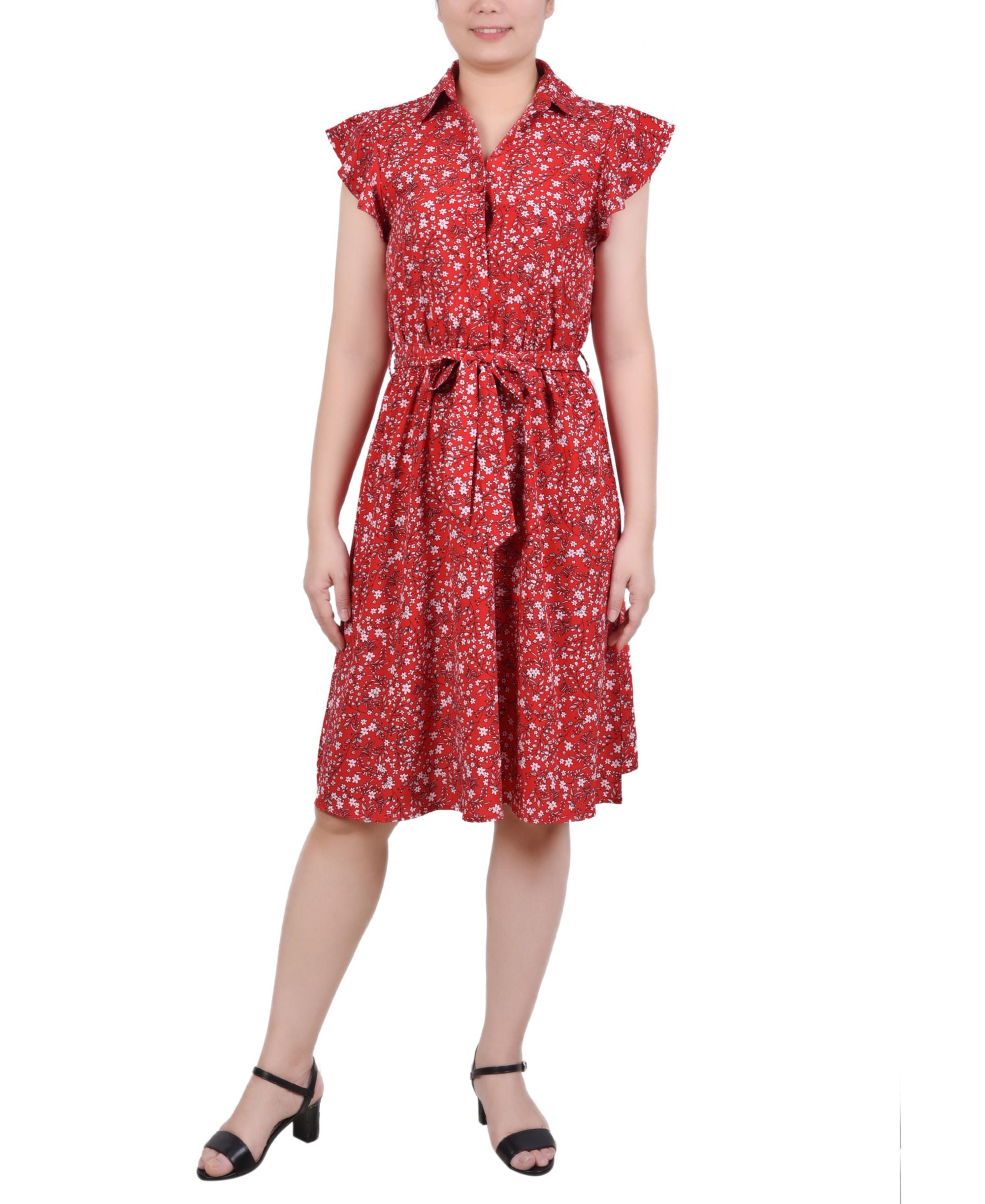 NY Collection Petite Belted Flutter-Sleeve Printed Dress
