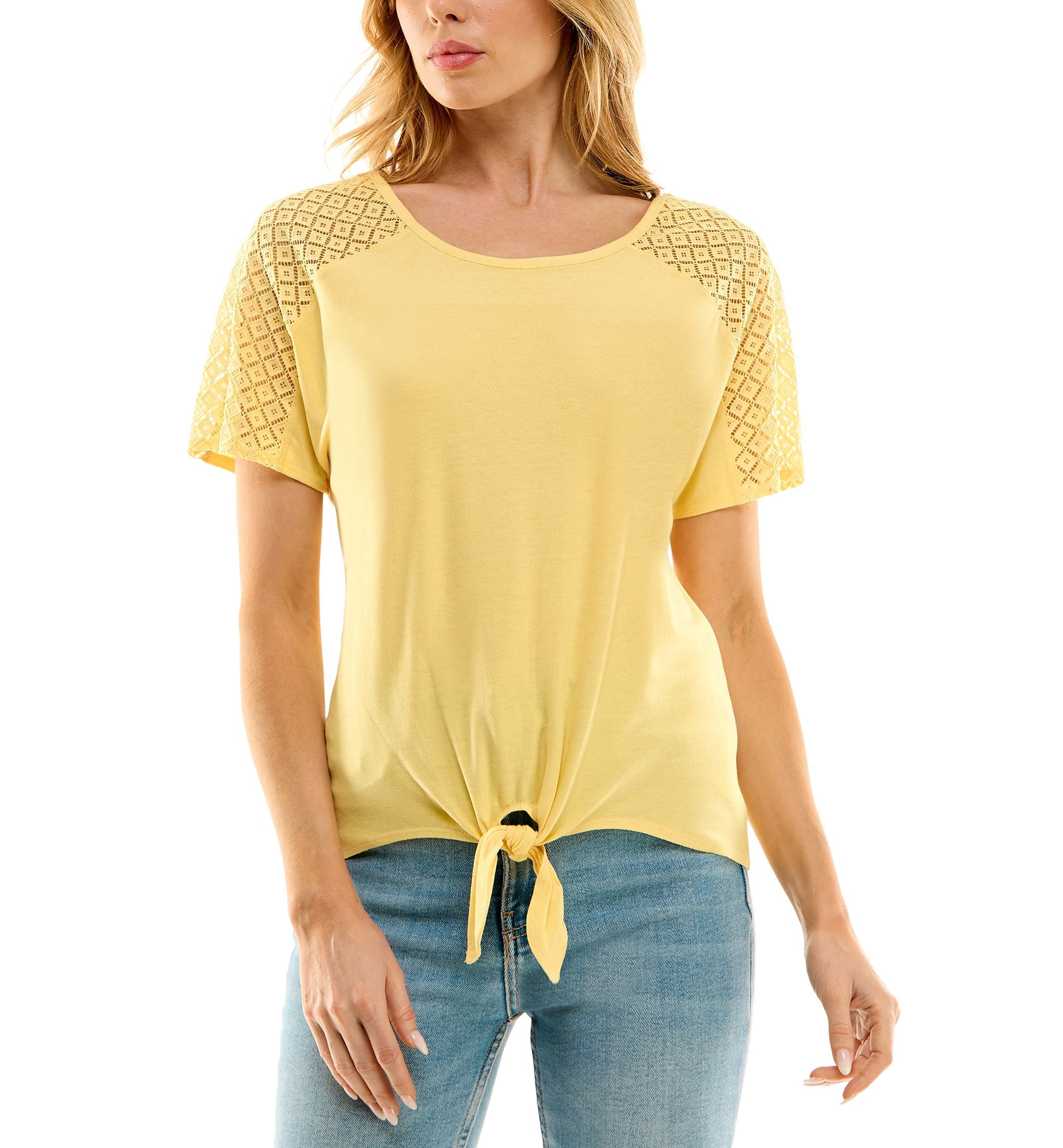 Juniors' Lace-Shoulder Tie-hem Short-Sleeve Premium Top