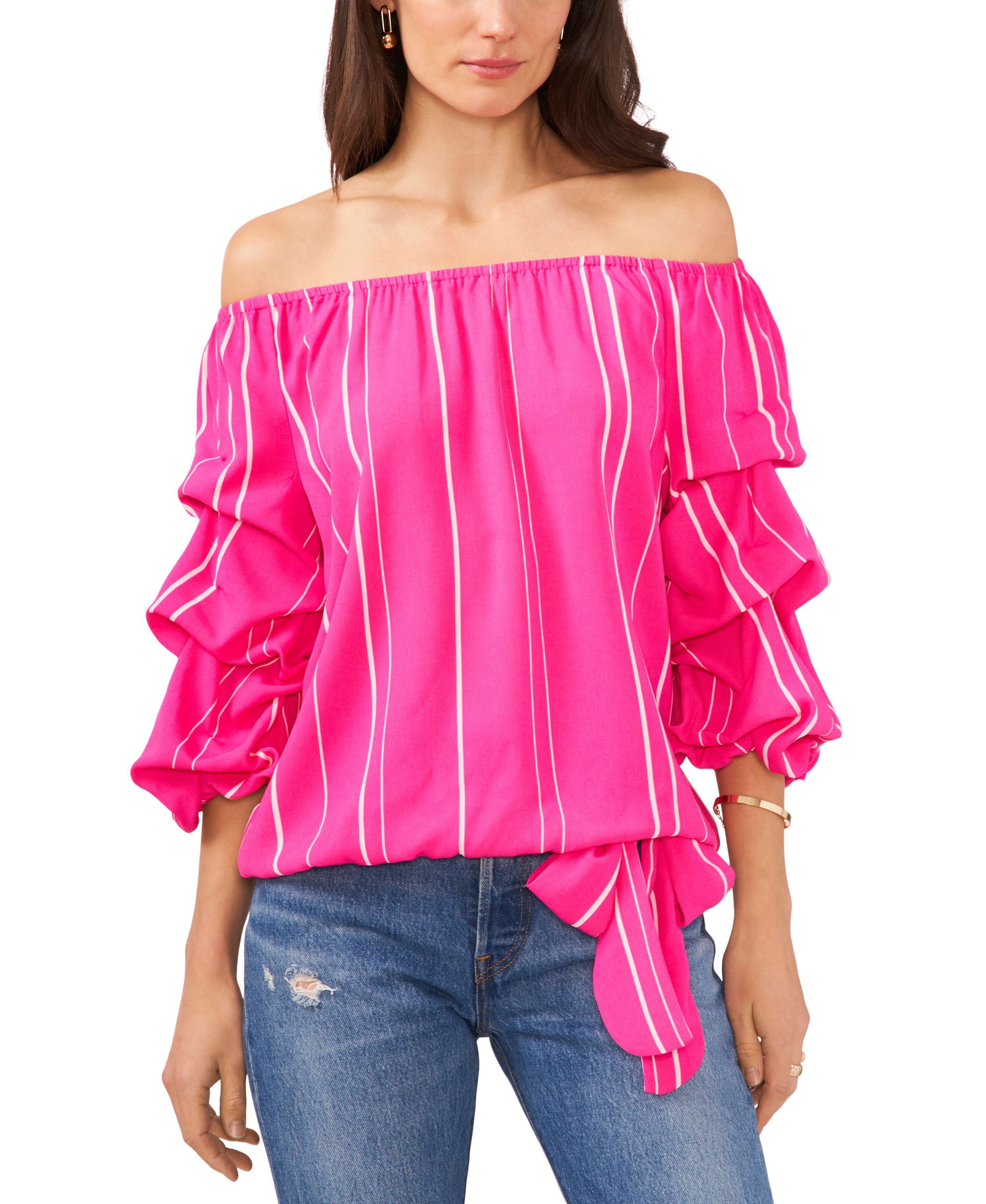 Plus Size Striped Off The Shoulder Bubble Sleeve Tie Front Signature Blouse