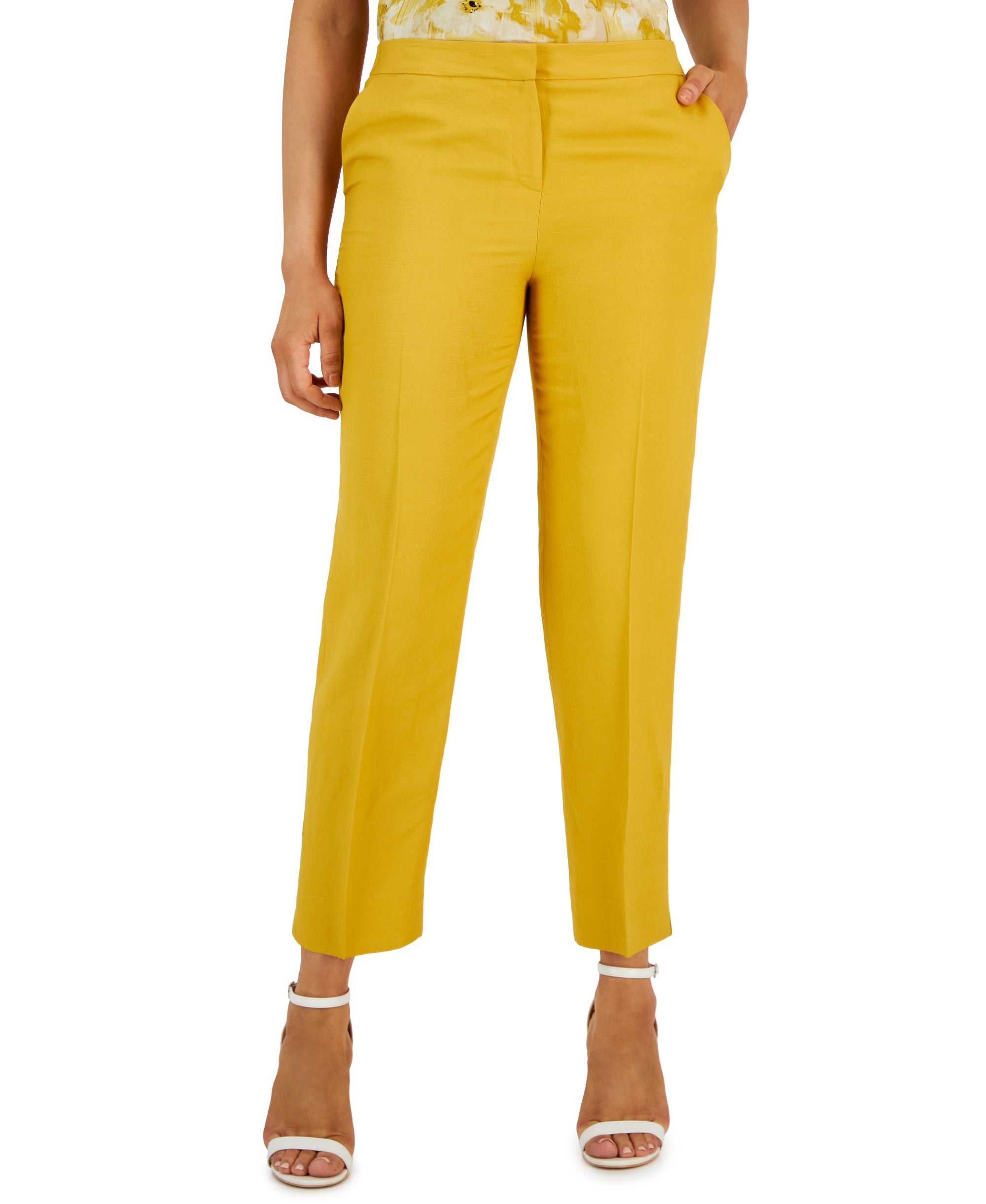 Women's Linen-Blend-Blend Elastic-Back Straight-Leg Signature Pants