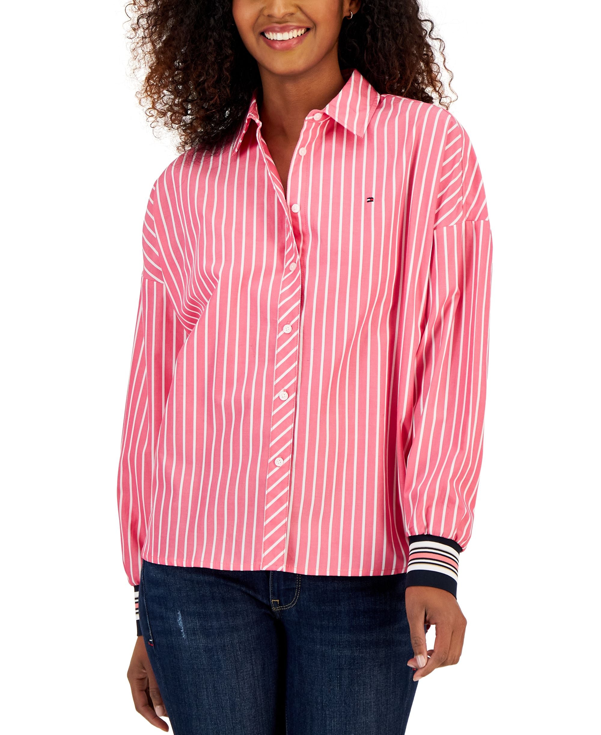 Women's Button-Down Rib-Strip Long-Sleeve Premium Top