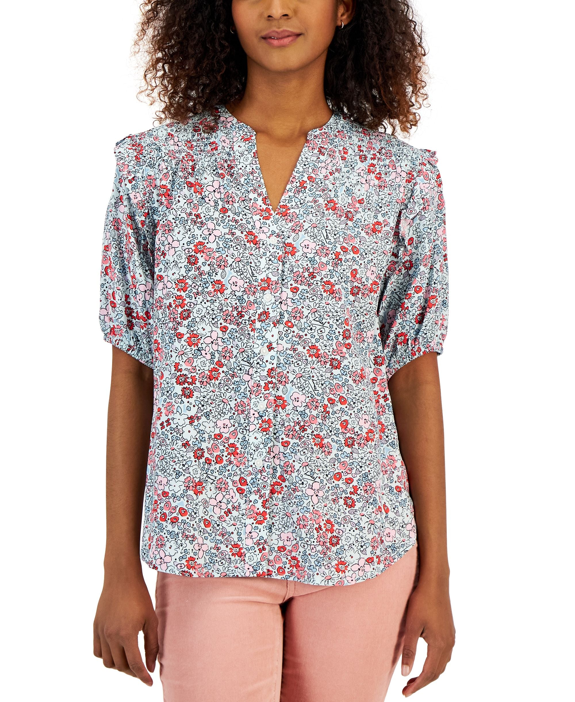 Women's Short-Sleeve Smocked Yoke Premium Top