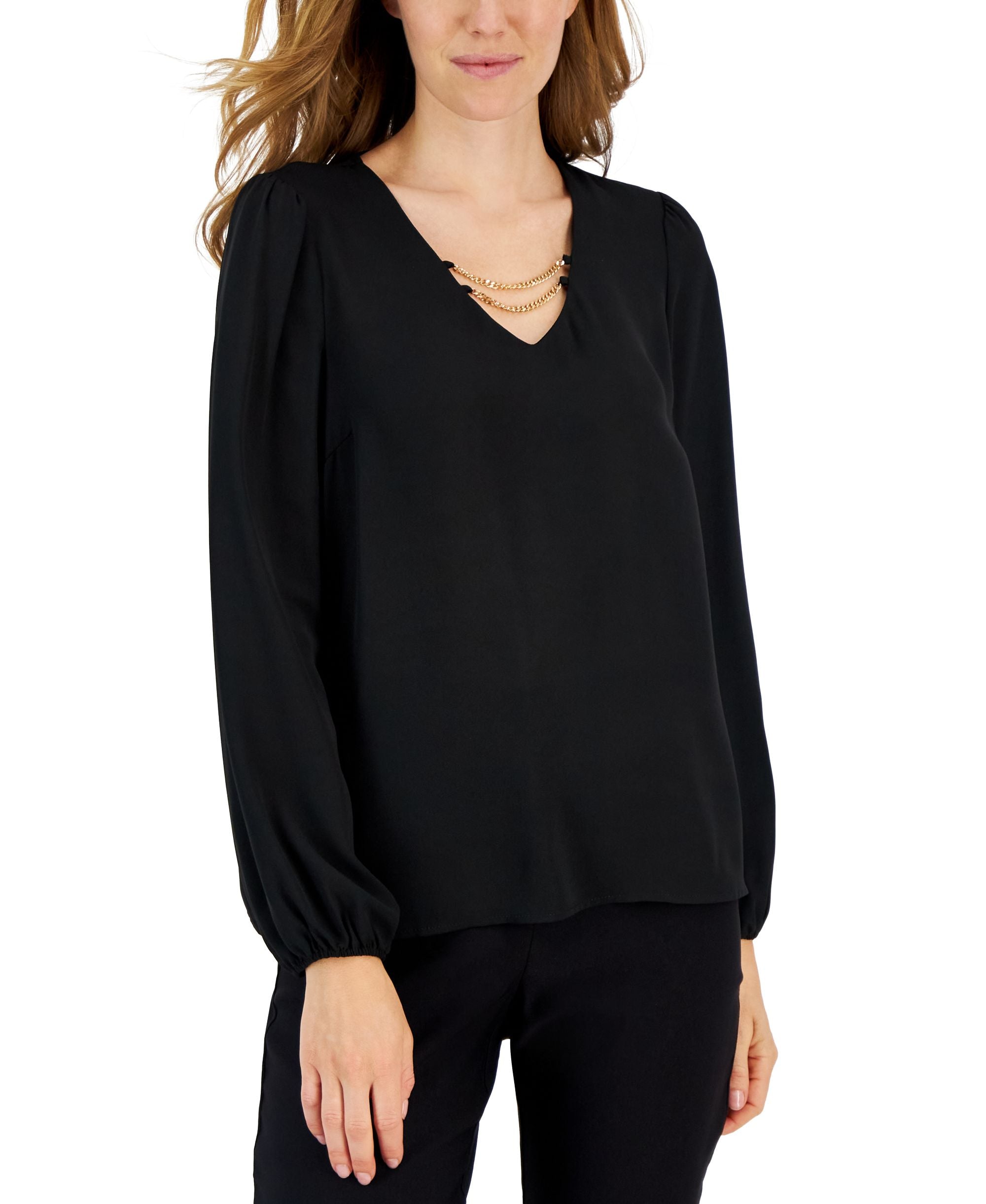 Women's Long-Sleeve V-Neck Chain-Detail Premium Top