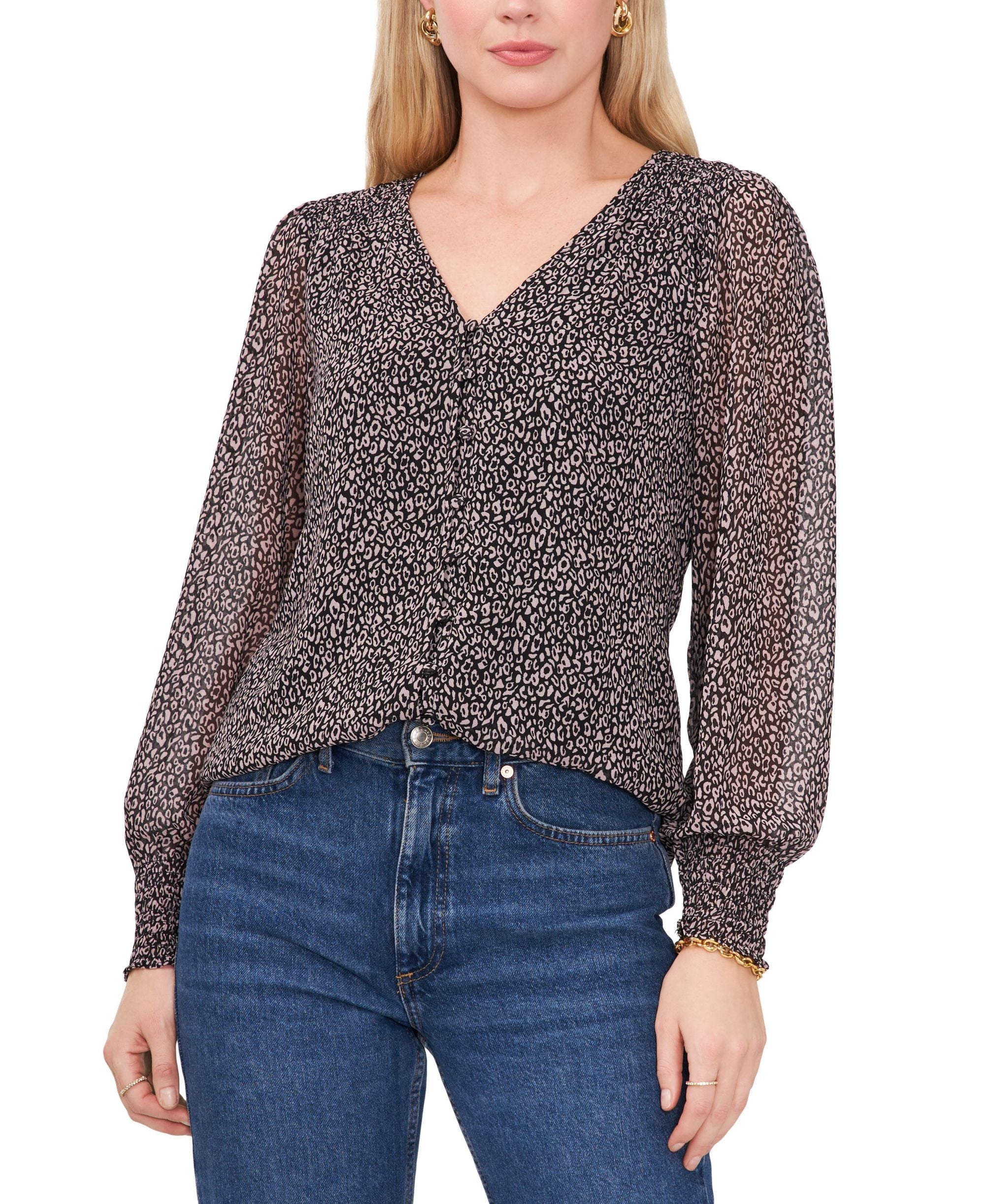 Sam Jess Womens Leopard Print V Neck Smocked Shoulder Premium Top