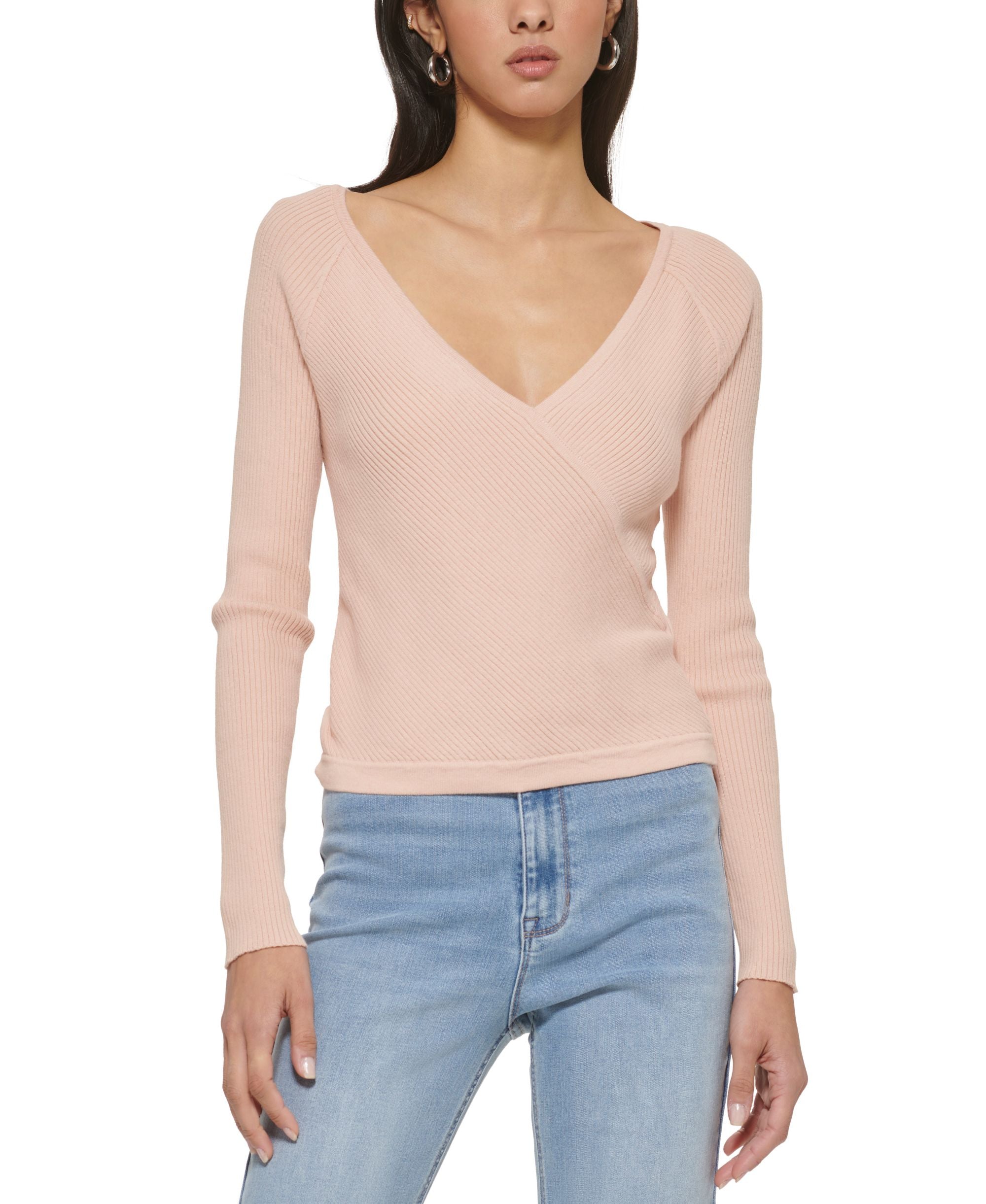 Women's Surplice-Neck Ribbed Long-Sleeve Premium Top