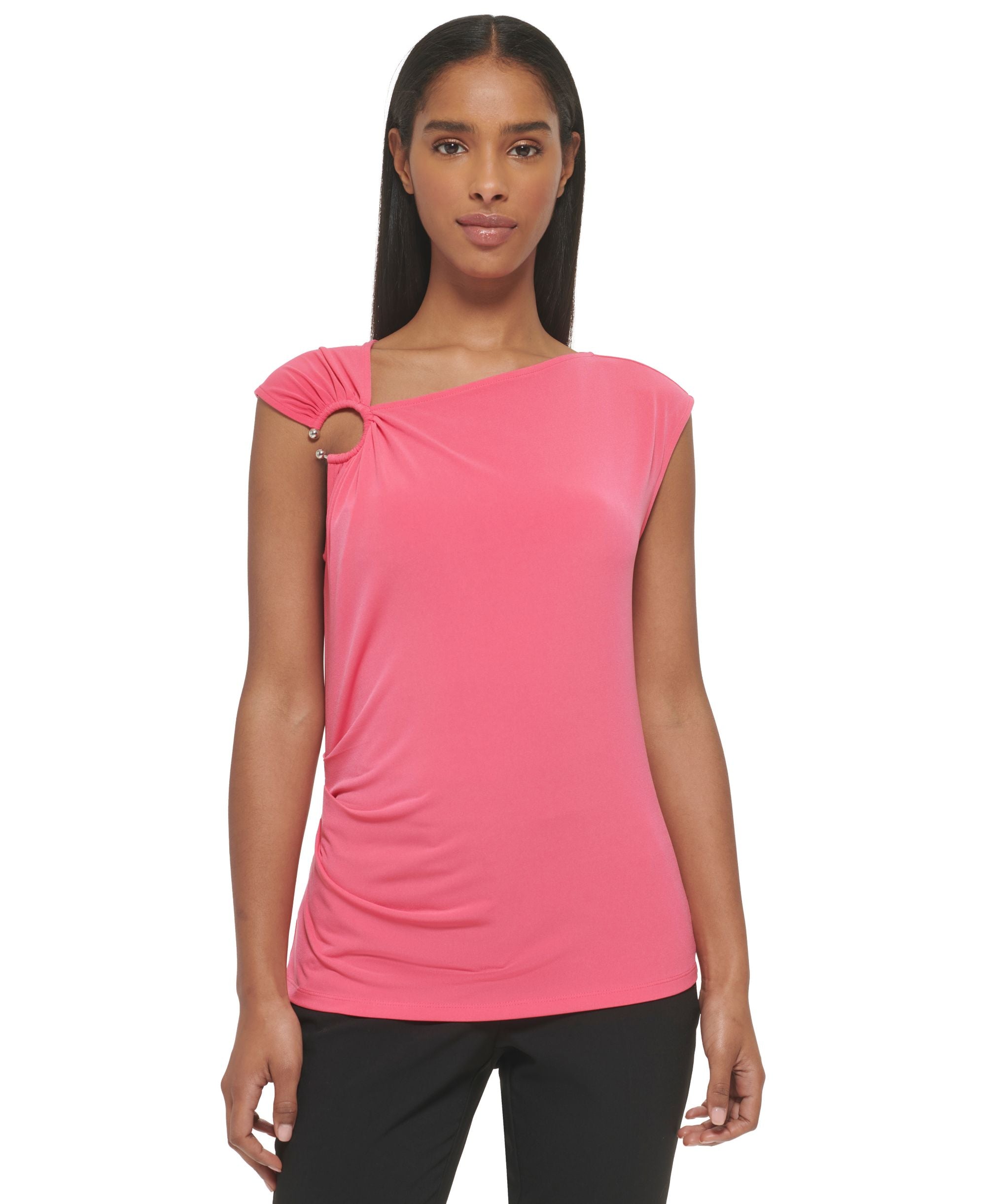 Sleeveless Asymmetrical Neck Ring Hardware Premium Top