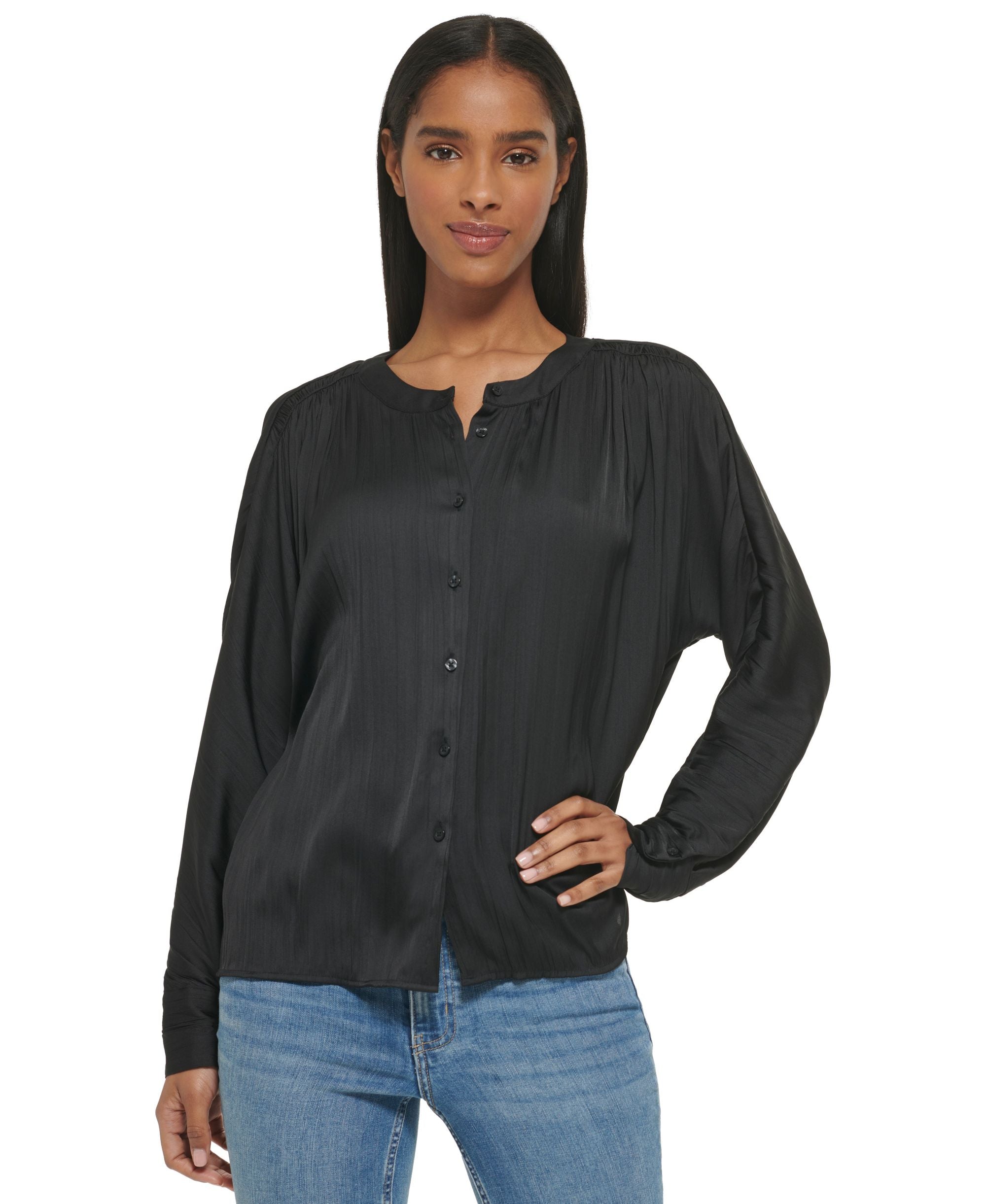Women's Gathered Dolman-Sleeve Button-Front Signature Blouse