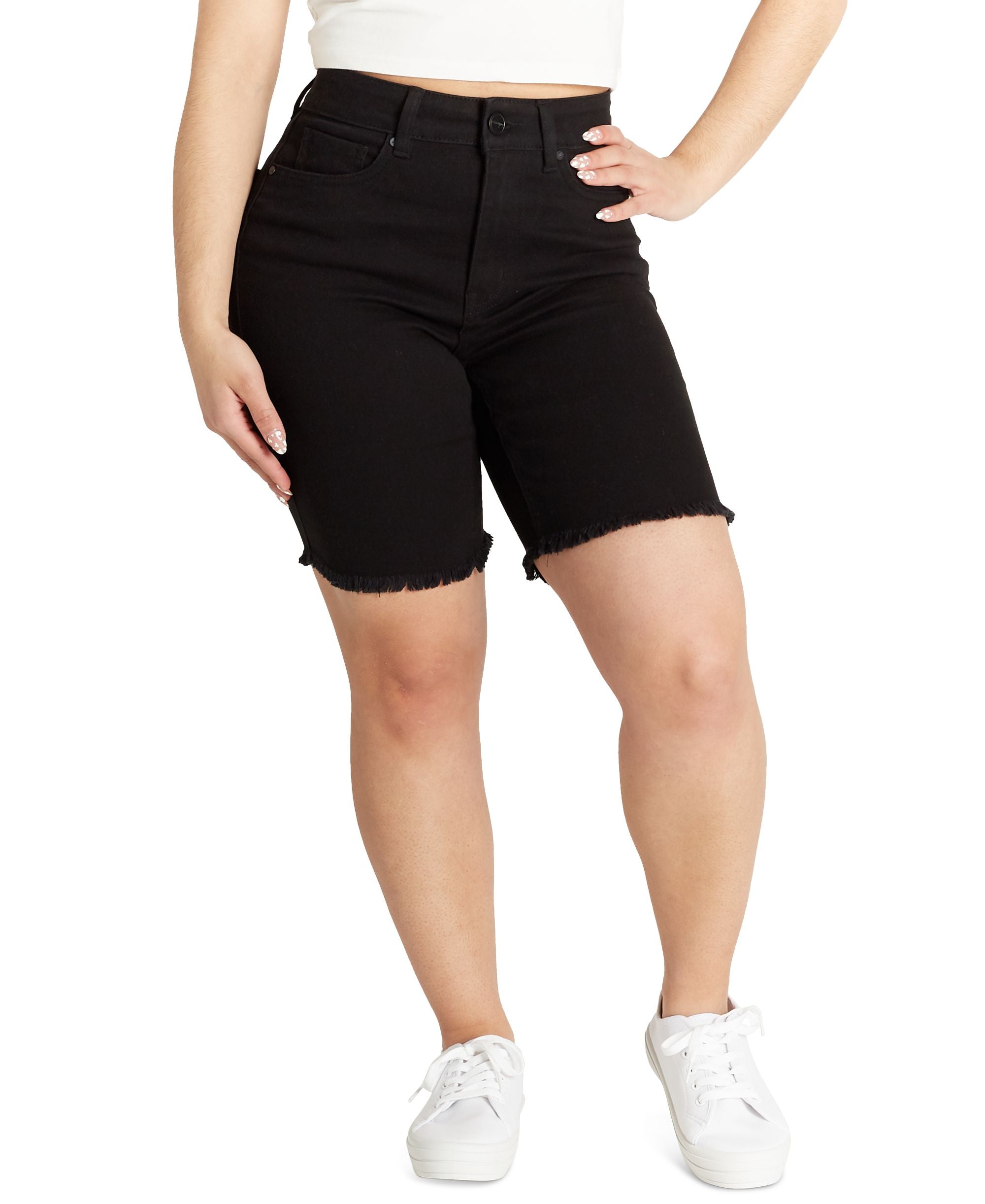 Juniors' High Rise Frayed Hem Bermuda Premium Shorts