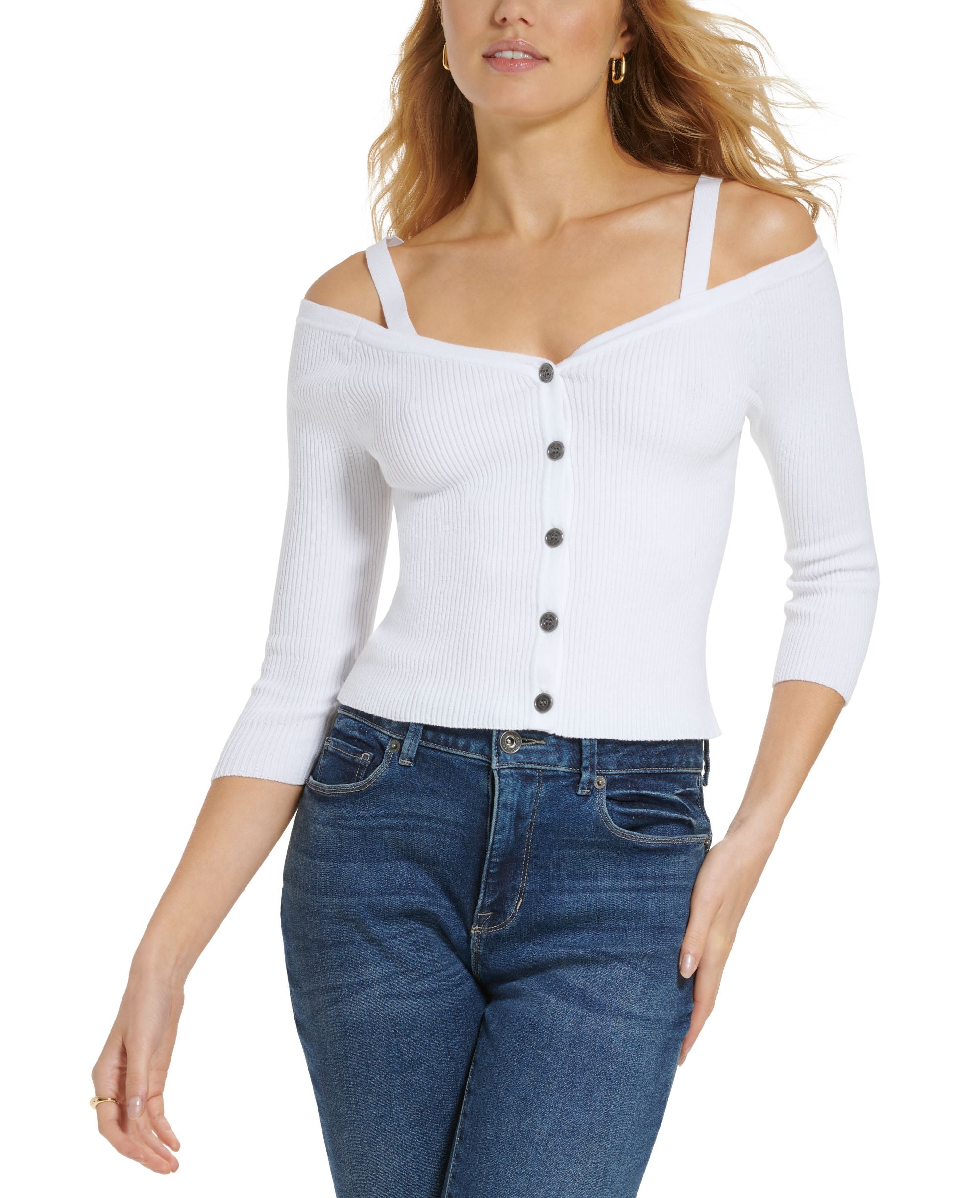 Women's Long-Sleeve Button-Front Cold-Shoulder Sweater