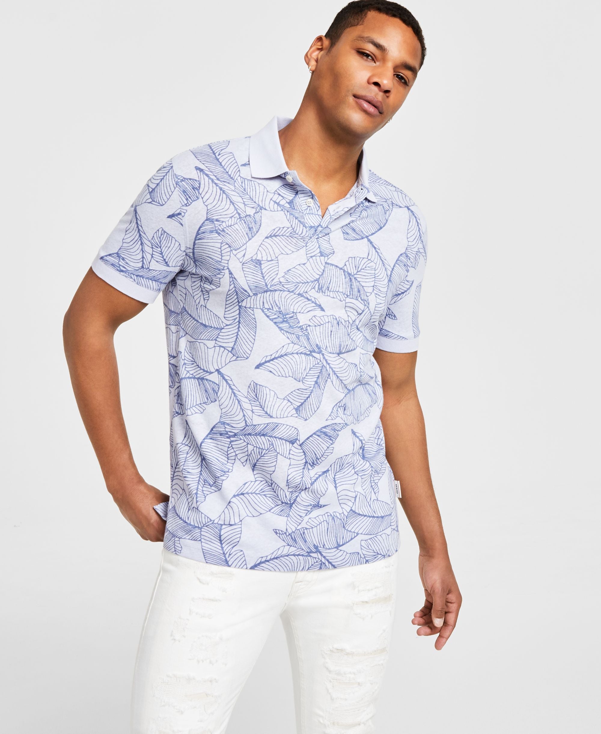 Men's Leaf Print Short-Sleeve Polo Modern Shirt