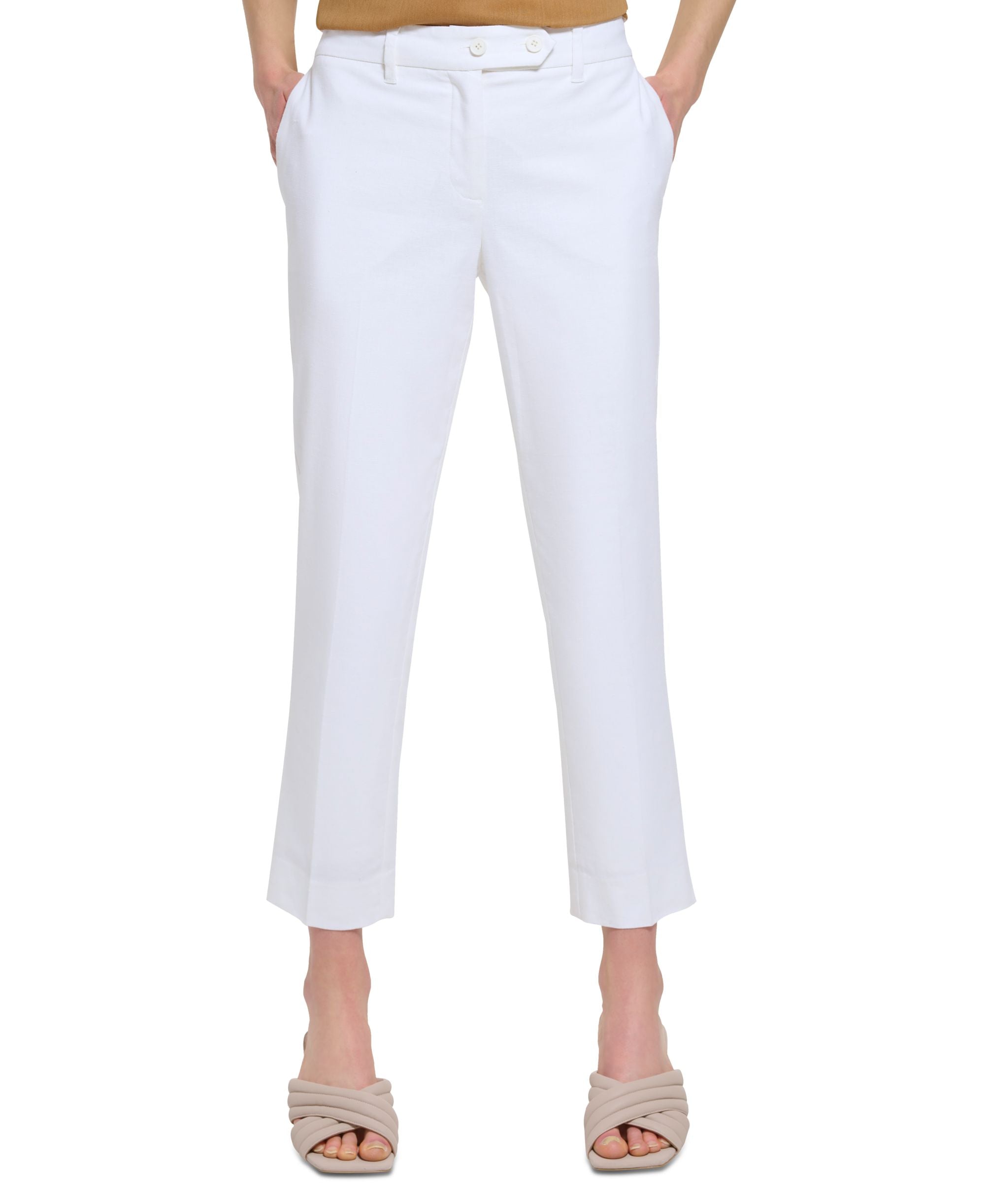 Calvin Klein Womens Linen-Blend Blend Tab Waist Slim-Cut Signature Pants