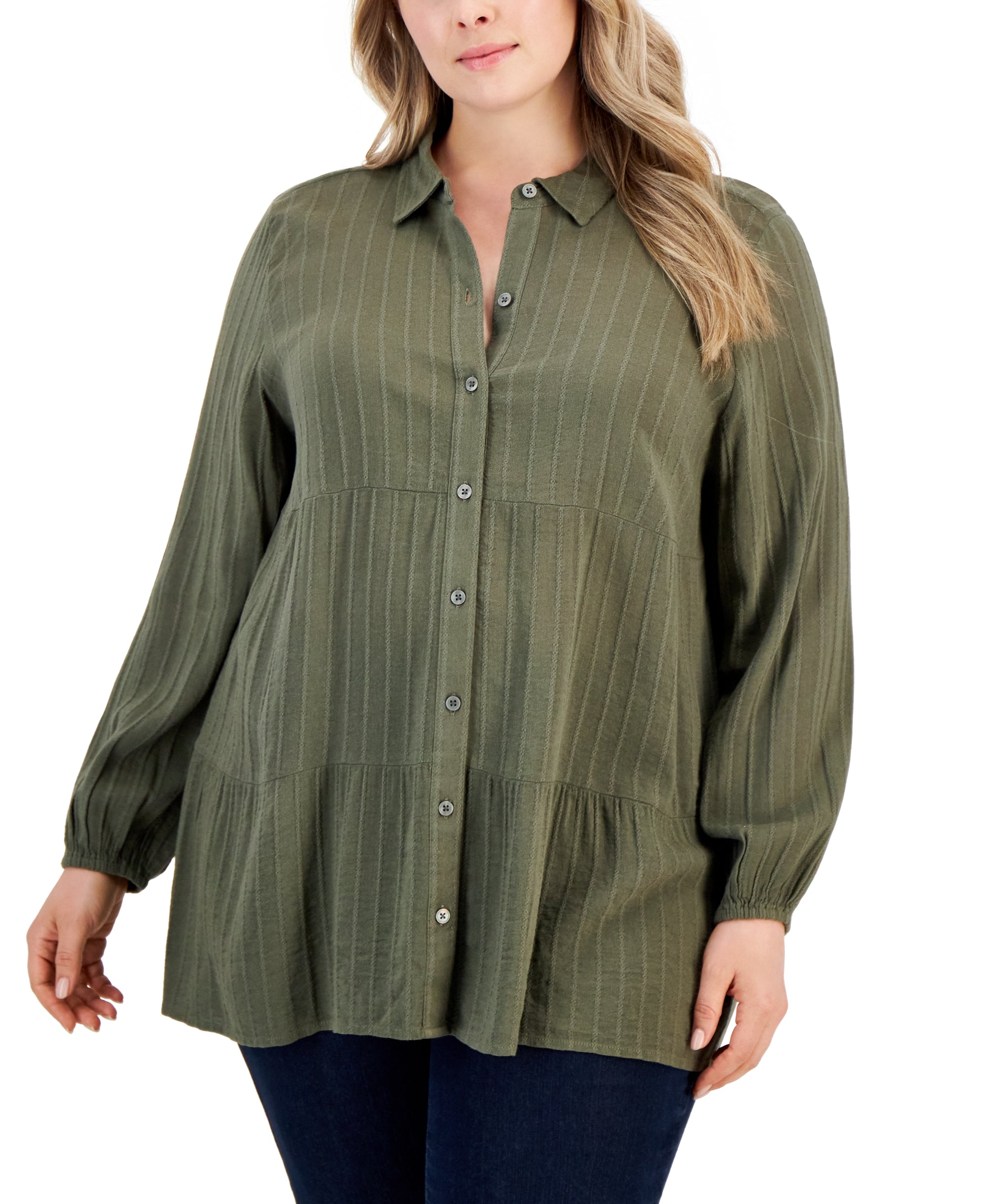 Plus Size Long-Sleeve Tiered Flounce Tunic Modern Shirt