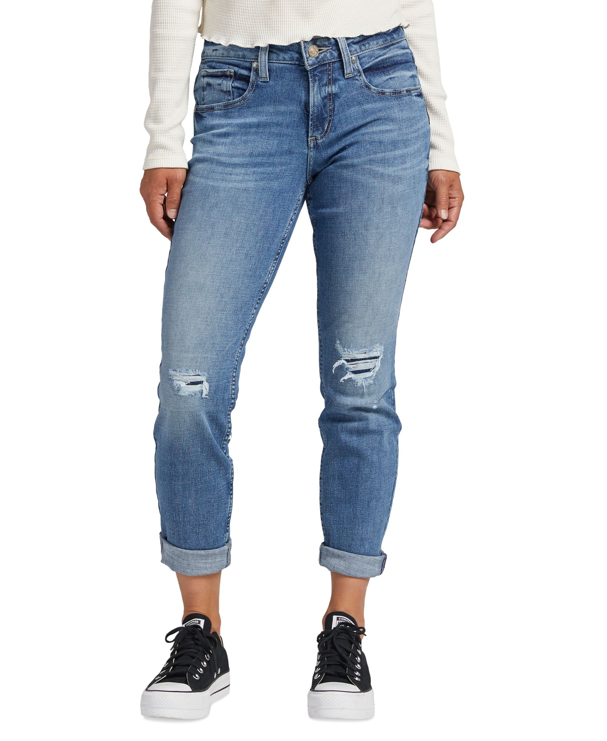 Women's Boyfriend Mid-Rise Slim-Cut Ripped Premium Jeans