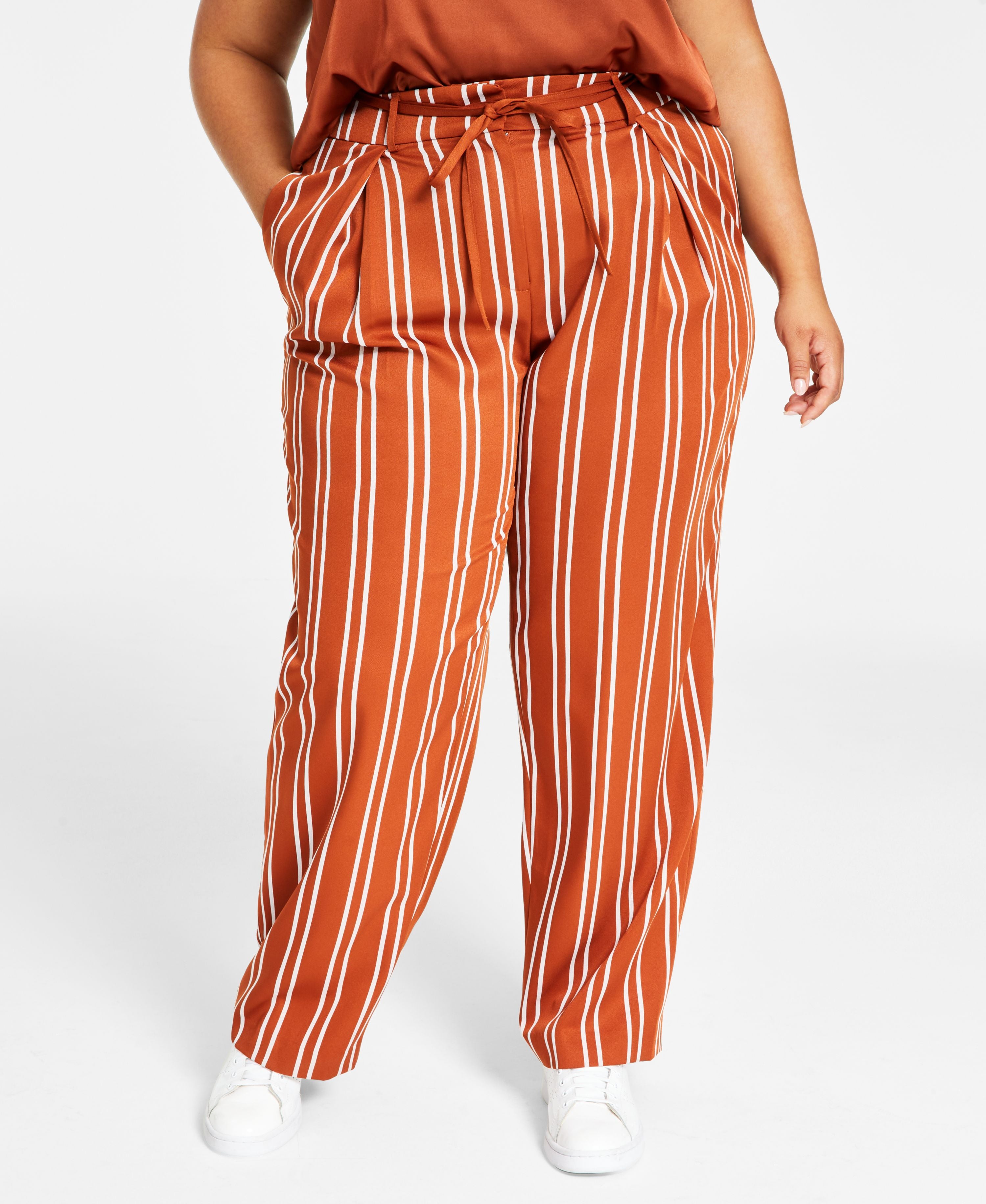 Plus Size Faux Double-Breasted Blazer, Scoop-Neck Satin Camisole, & Tie-Waist Signature Pants