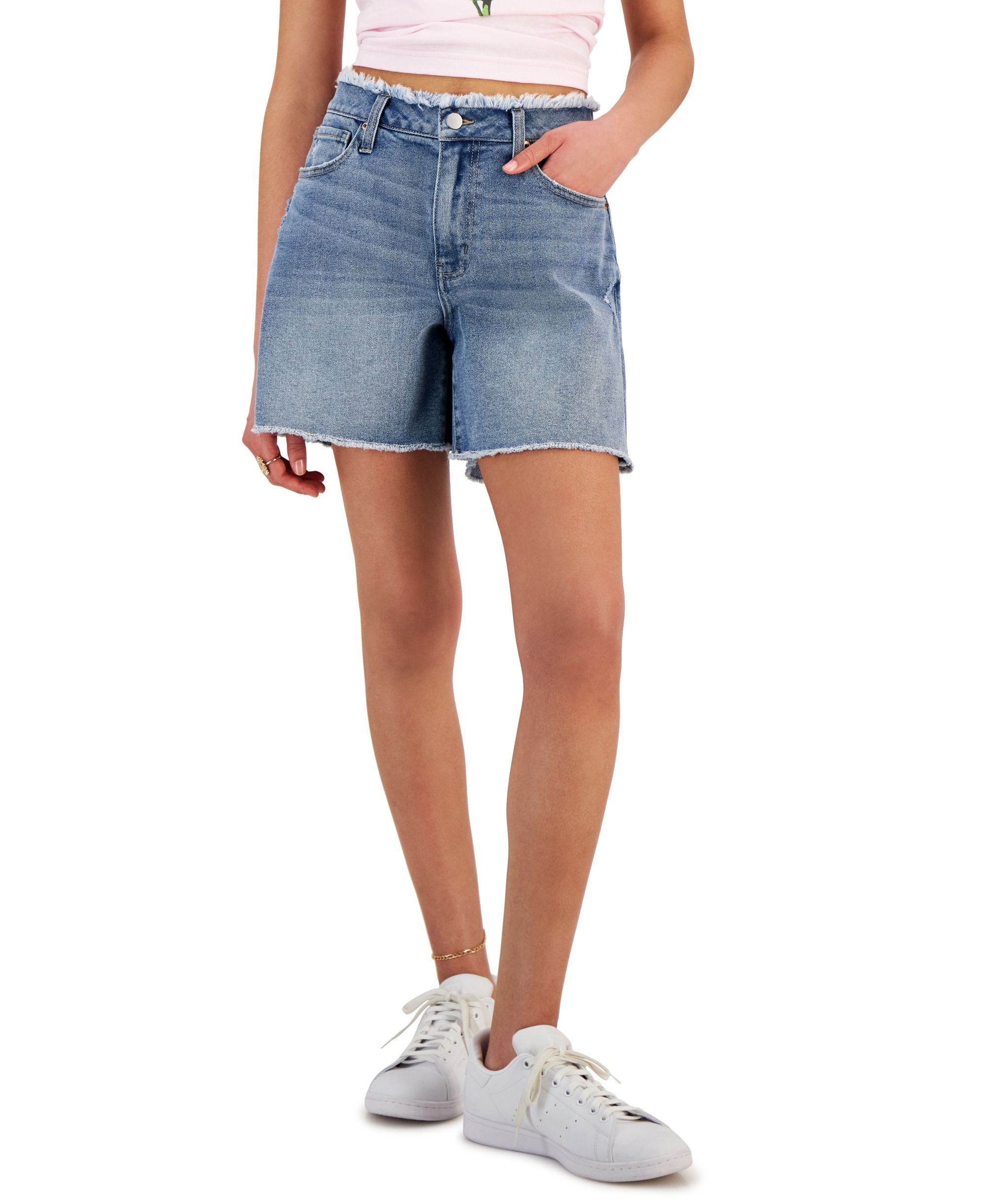 Juniors' High-Rise Distressed Mom Premium Shorts