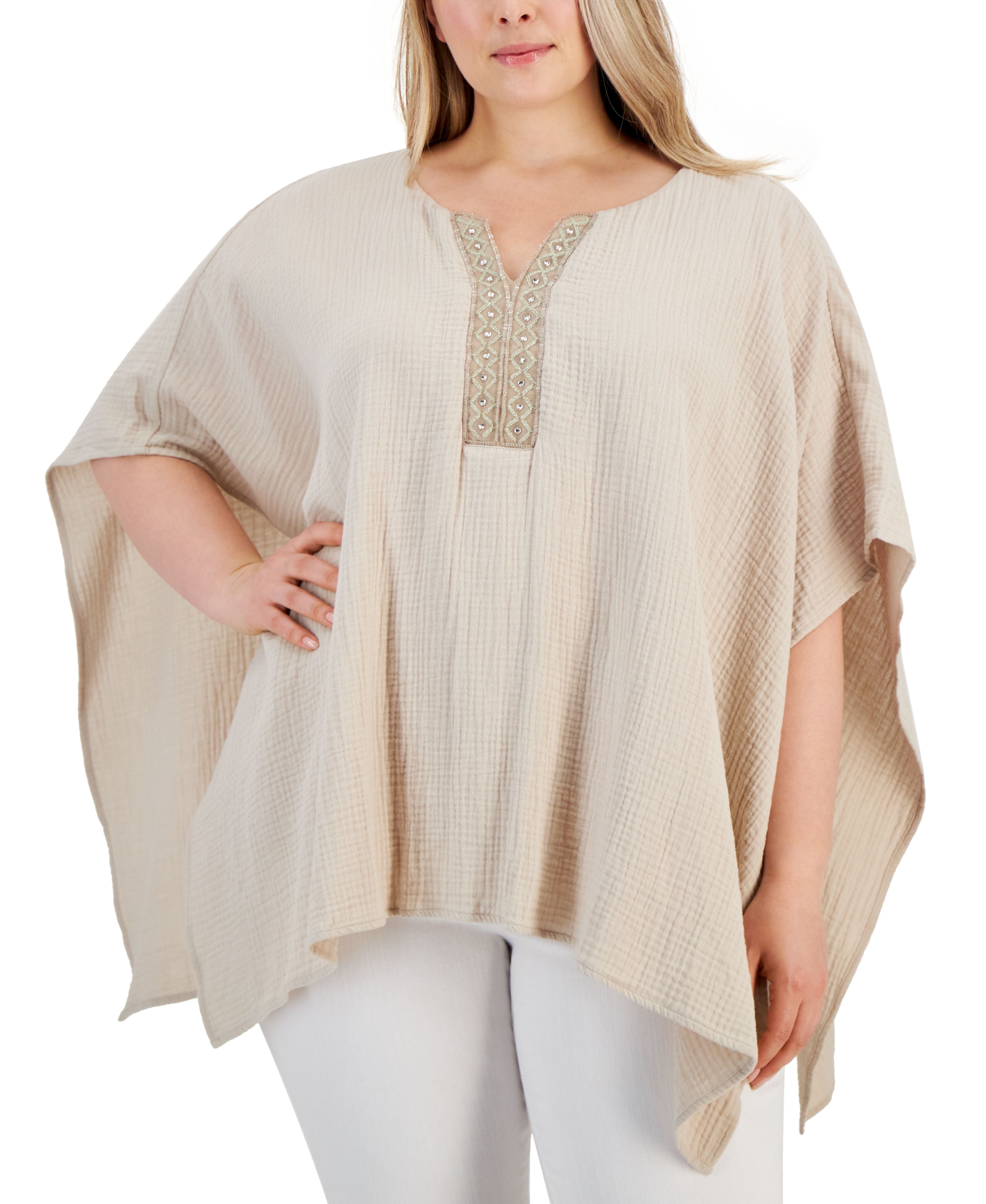 Plus Size Embellished Gauze Poncho Premium Top