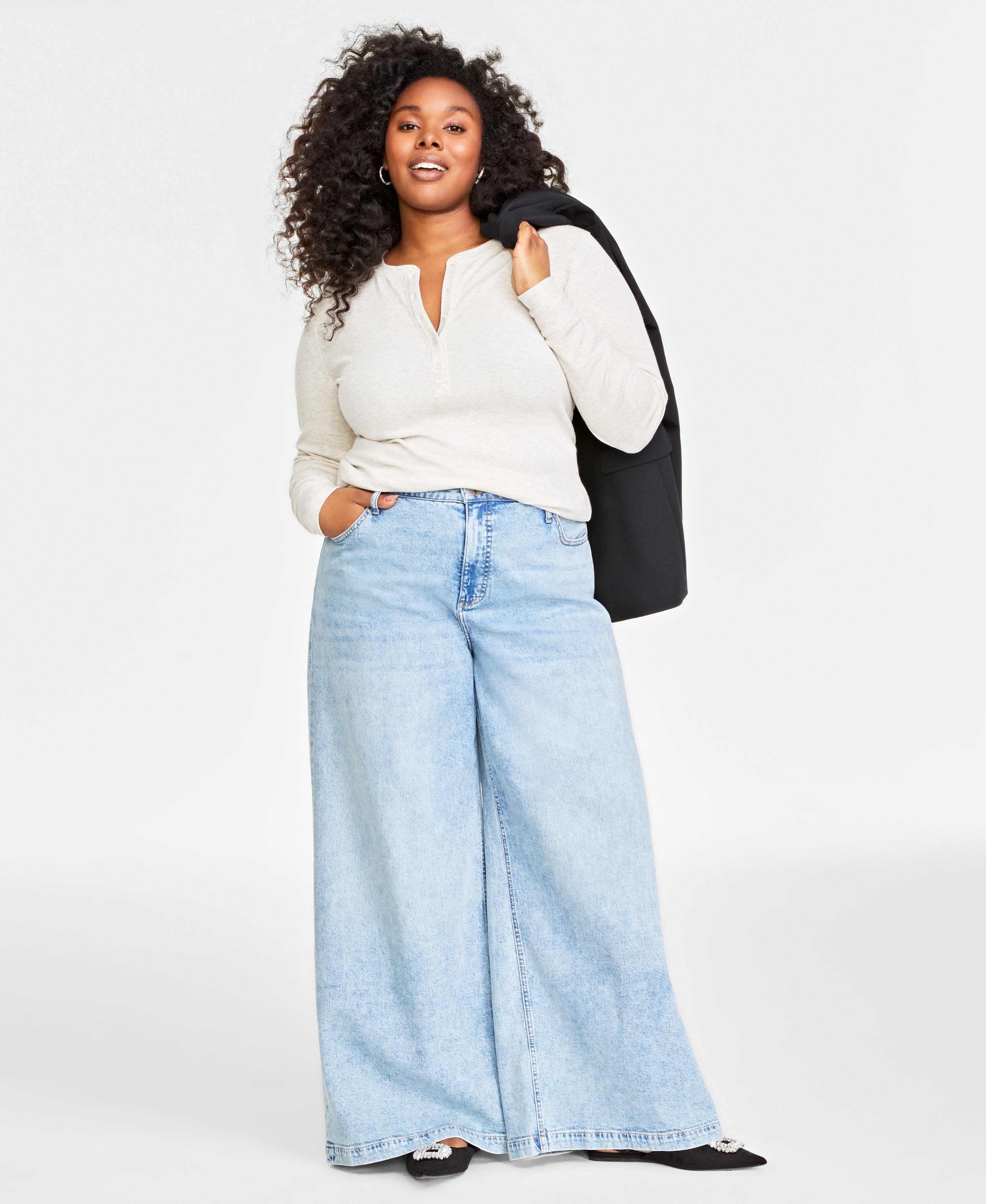 Plus Size Ribbed Long-Sleeve Henley Premium Top